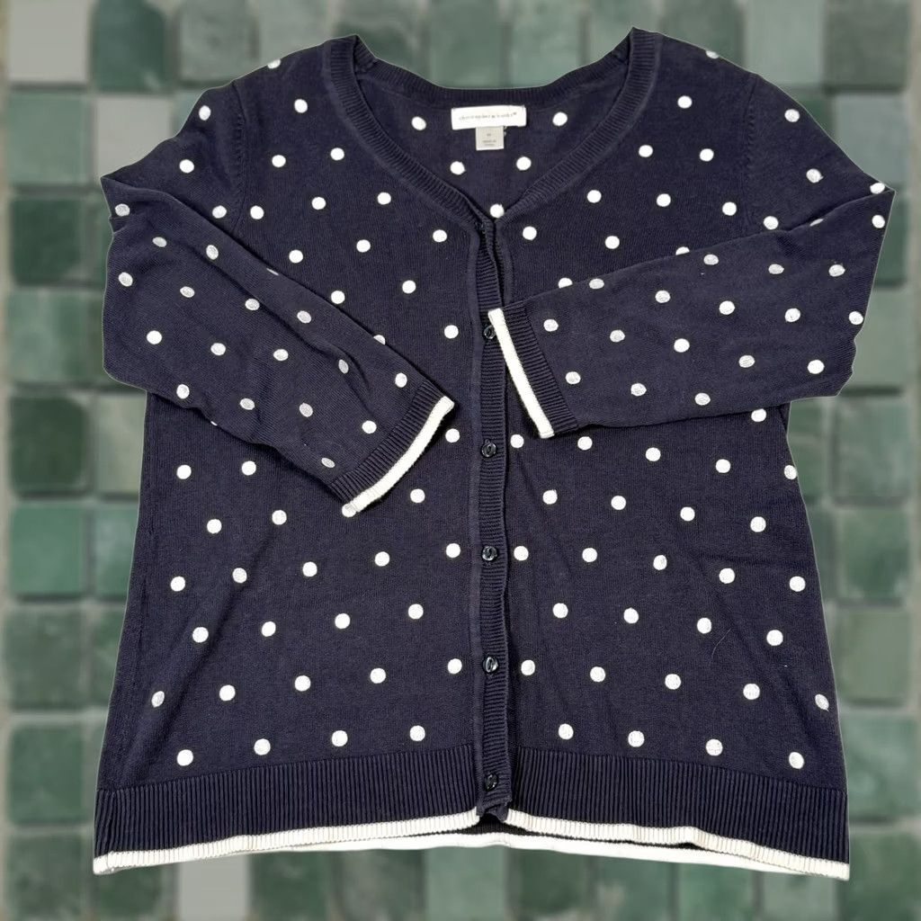 Vintage Christopher & Banks Sweater Cardigan Womens Medium Navy Polka Dot Embroidered Knit V-Neck Raglan Sleeve Button Front Size M / US 6-8 / IT 42-44 - 1 Thumbnail