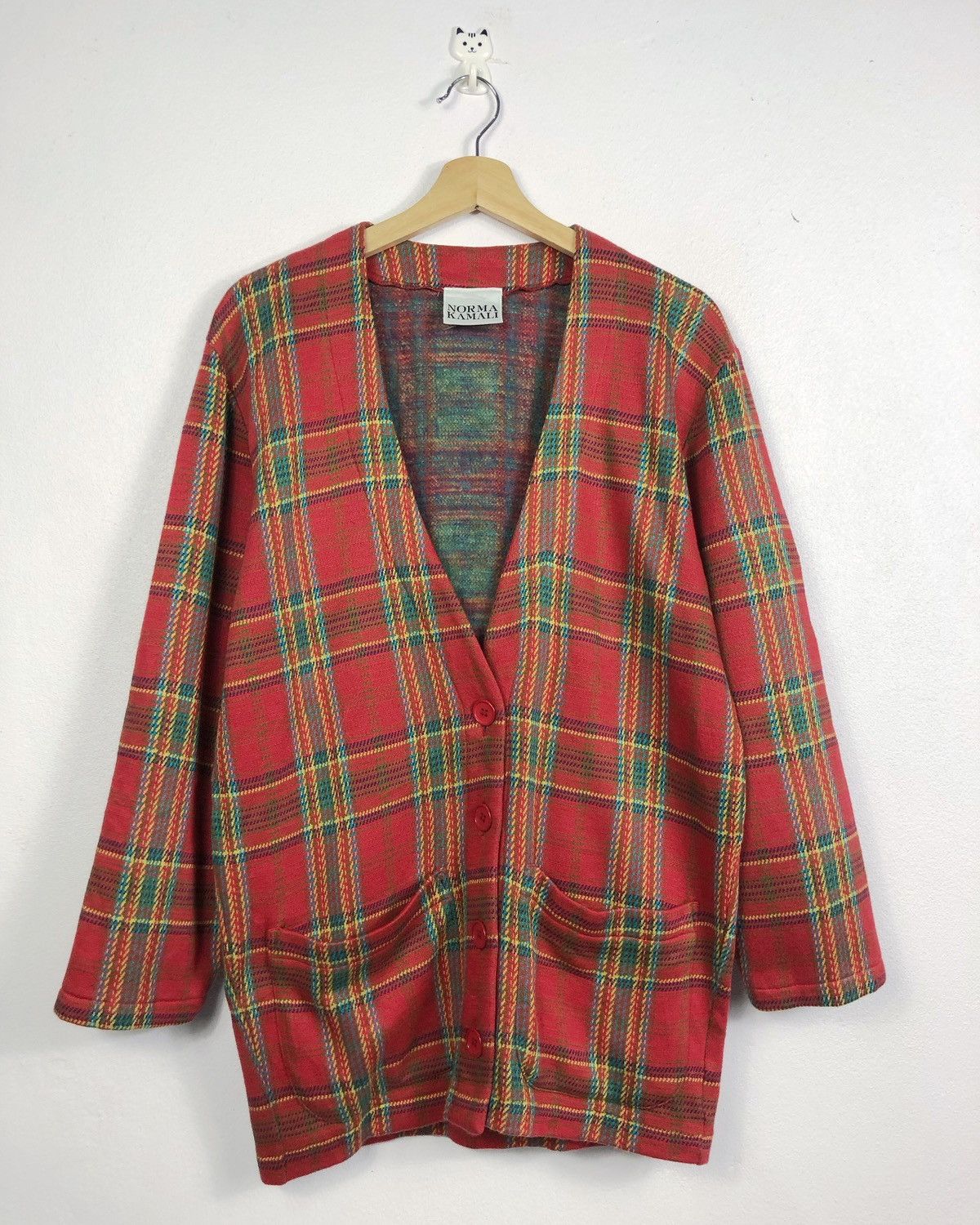 image of Archival Clothing x Norma Kamali Vintage Norma Kamali Button Cardigan Sweater in Red Checkers, Wome