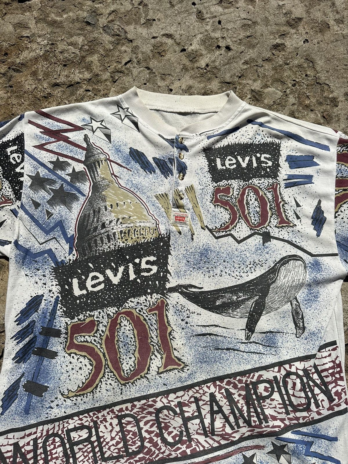 Levi's × Vintage Vintage 90s Levi’s 501 World Champion All Over Print T-Shirt Size US XL / EU 56 / 4 - 2 Thumbnail