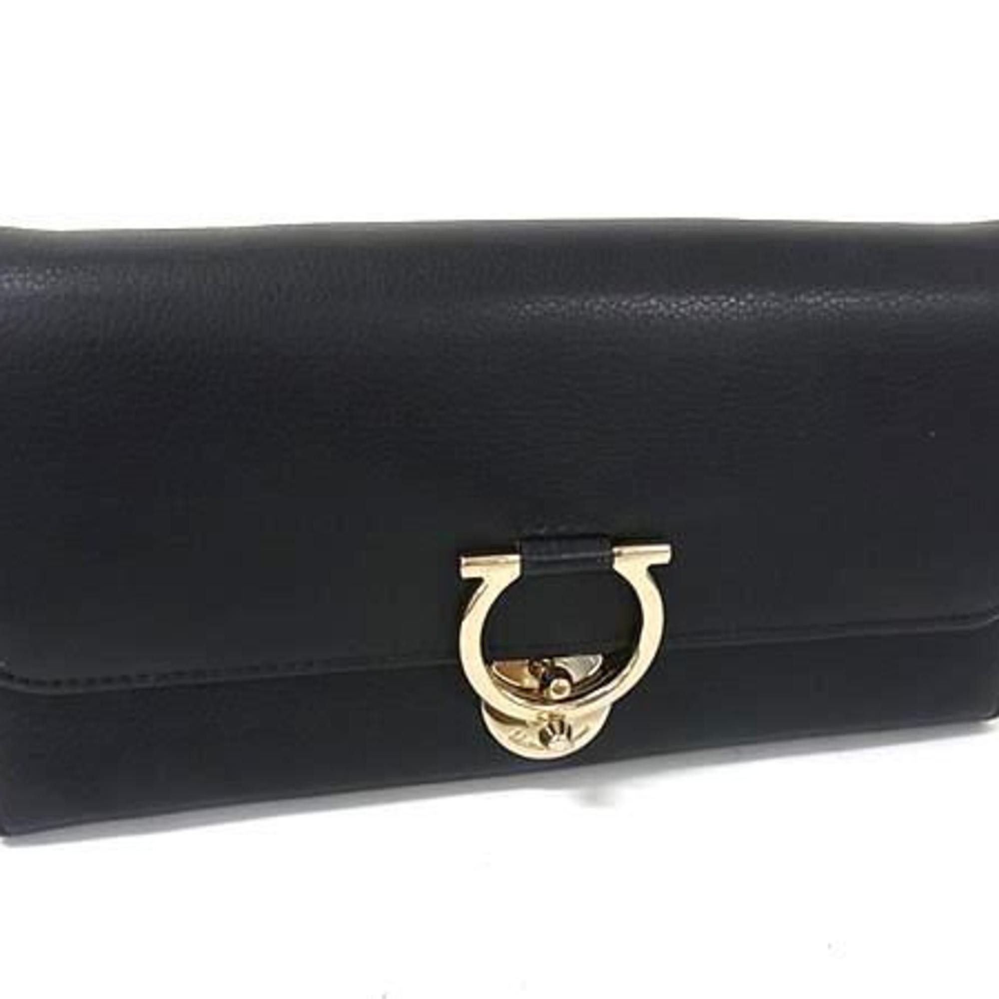 Salvatore Ferragamo Gancini Wallet IY-22D184 Black Leather Women's Tri-fold Long