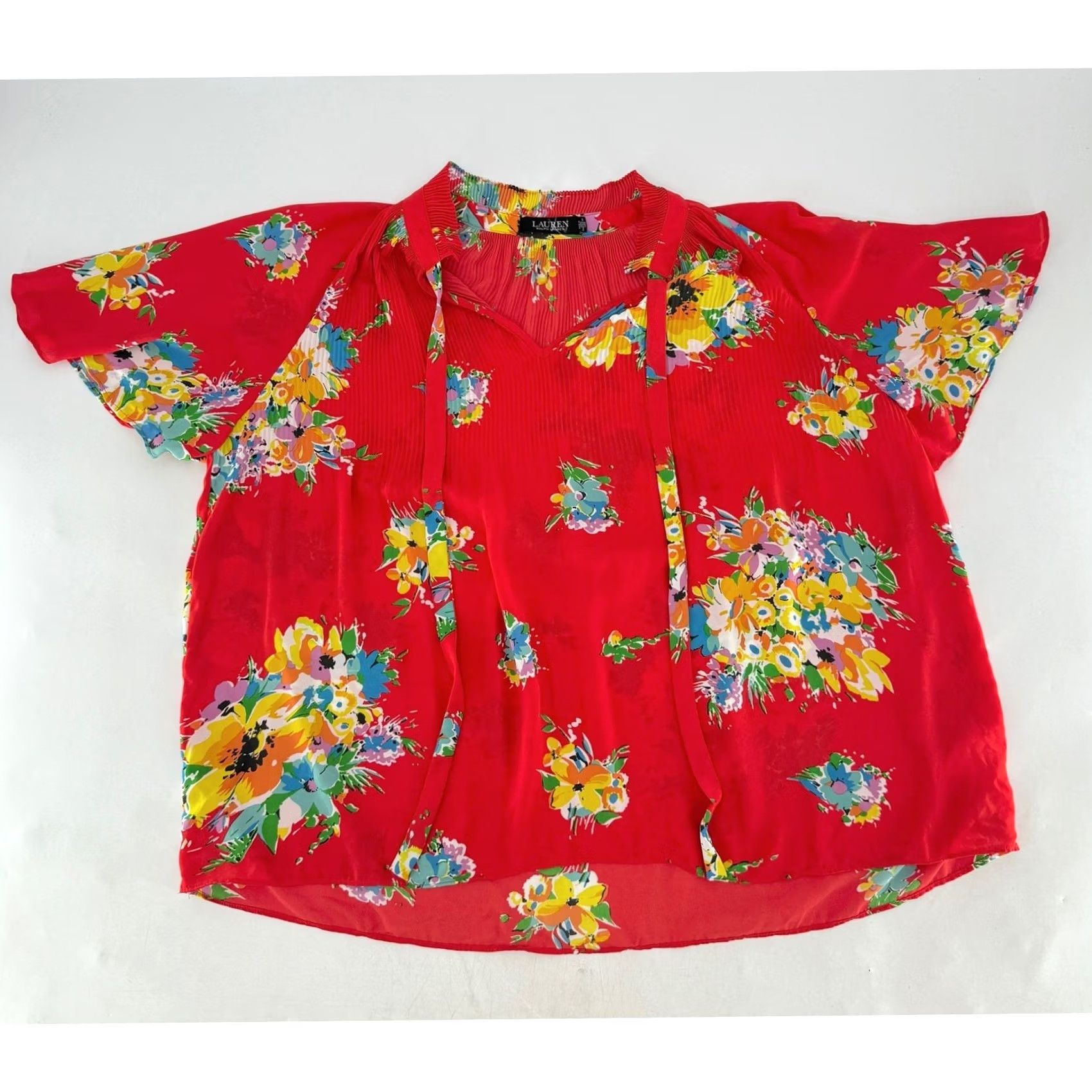 Ralph Lauren Lauren Ralph Lauren Blouse Size XL Red Floral Pleated Chiffon V Neck Preppy Boho Size XL / US 12-14 / IT 48-50 - 4 Thumbnail