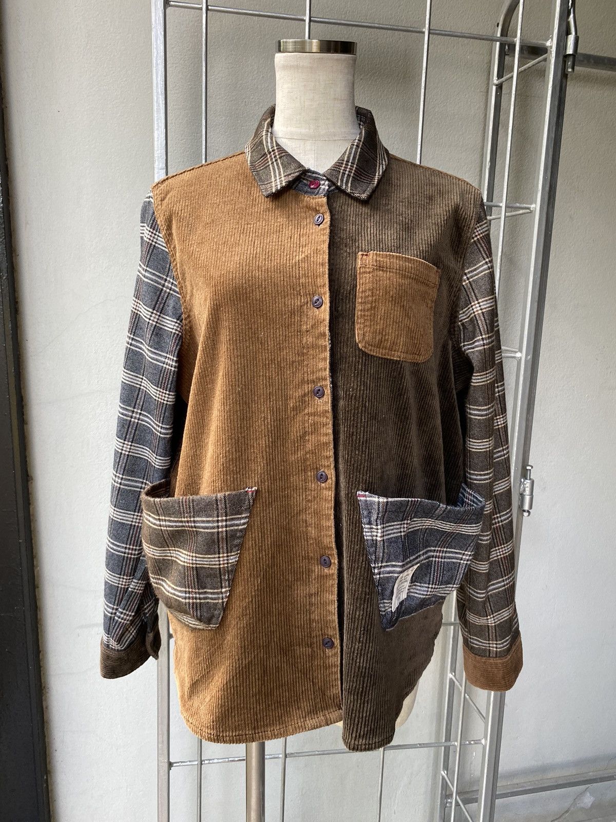 Designer × Japanese Brand Nanea Patchwork Corduroy Plaid Shirt COMFORTABLE Size M / US 6-8 / IT 42-44 - 2 Thumbnail