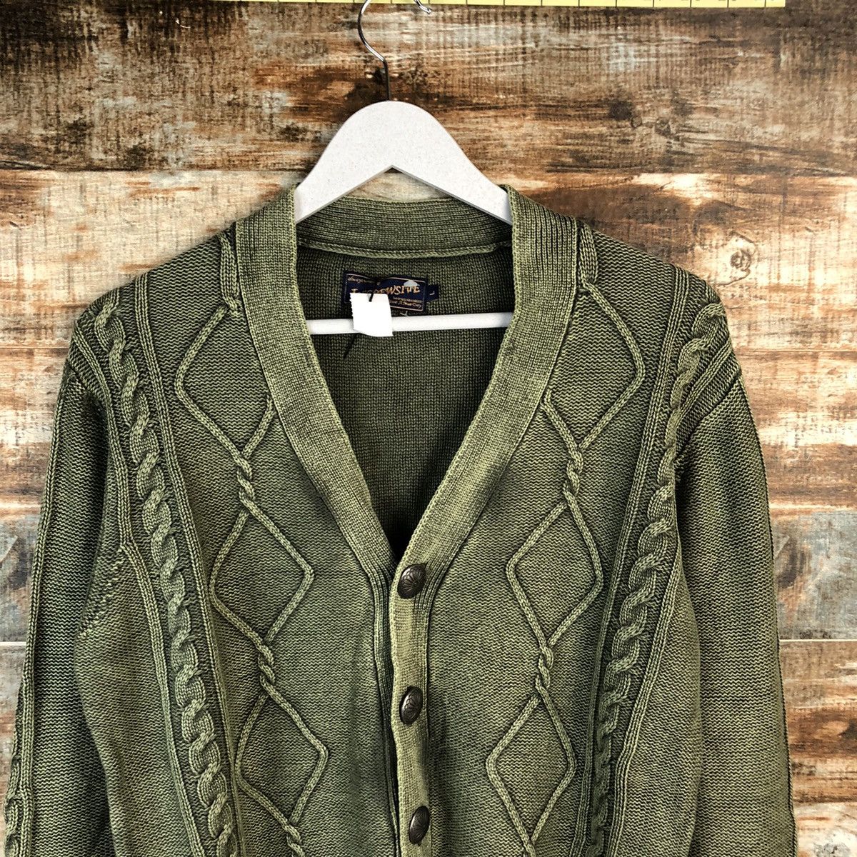 Vintage DL In Crew Sive Green faded Cardigan Knitwear #C494 Size US L / EU 52-54 / 3 - 4 Thumbnail