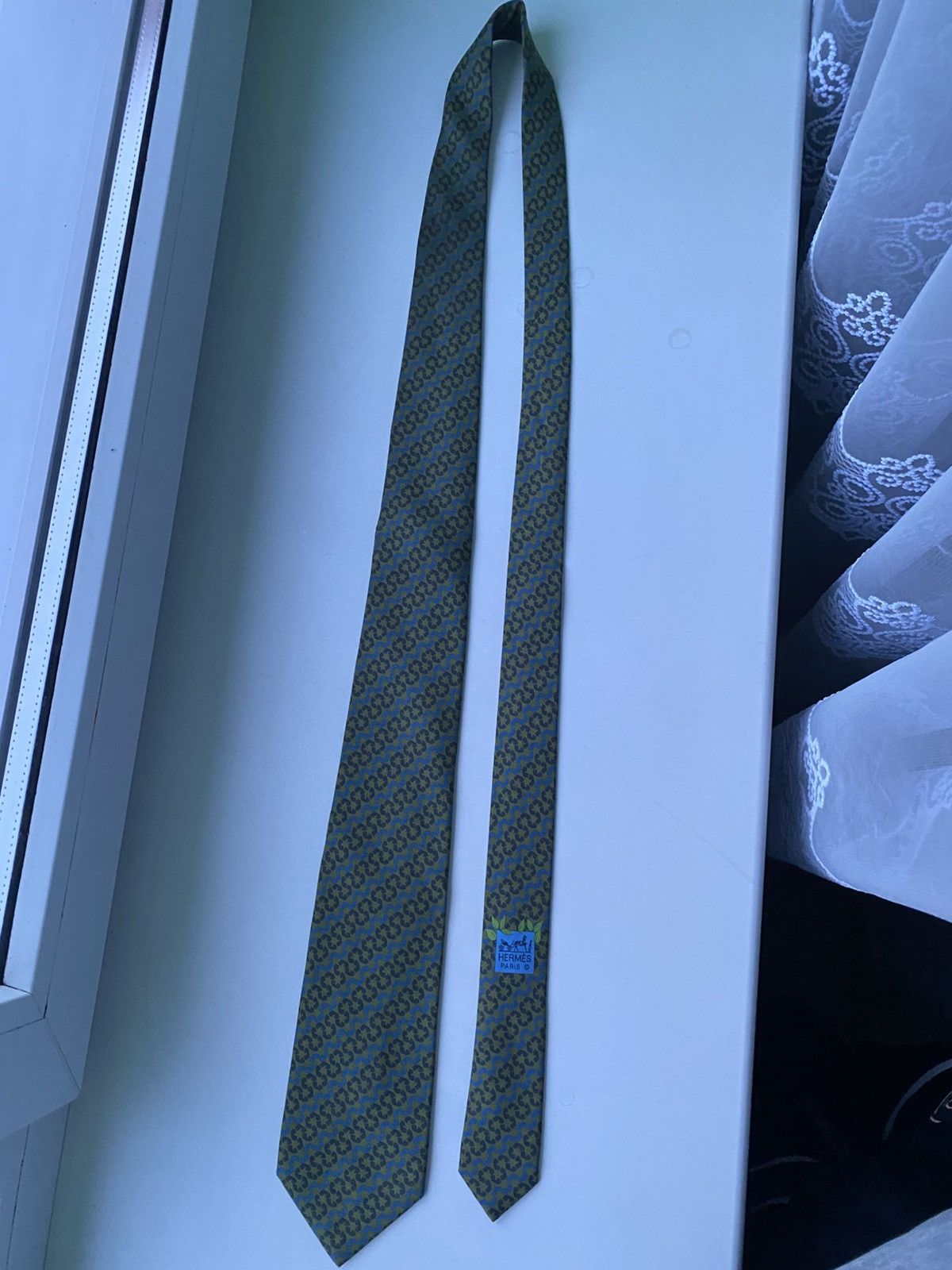 Hermes Hermes Tie 645668 EA 100% Silk Khaki Grey Blue France Luxury Size ONE SIZE - 9 Thumbnail