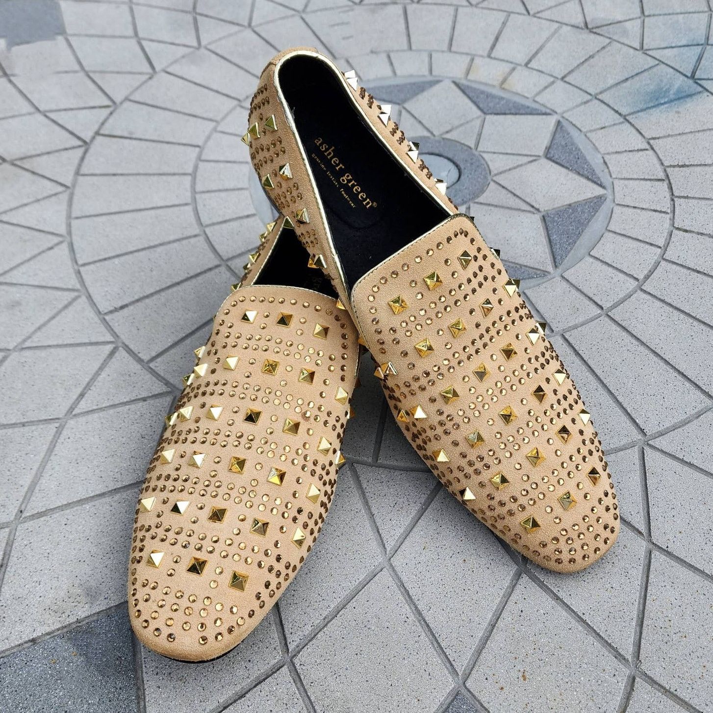 Designer Asher Green Tonal Crystal Studded Suede Smoking Loafer 14 Size US 14 / EU 47 - 12 Thumbnail