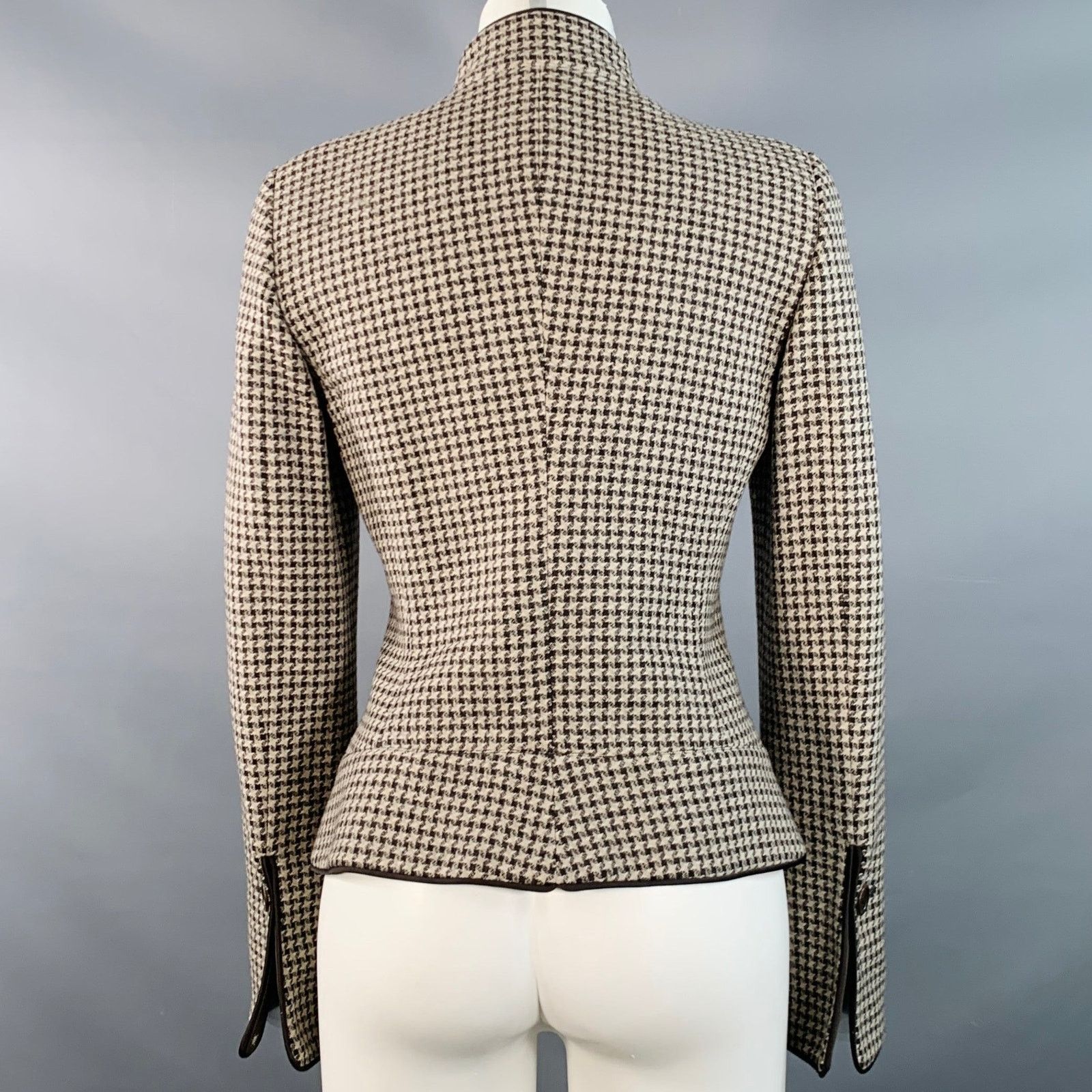 Armani Collezioni Size 6 Brown Tan Wool Houndstooth Collarless Jacket Blazer Size M / US 6-8 / IT 42-44 - 4 Thumbnail