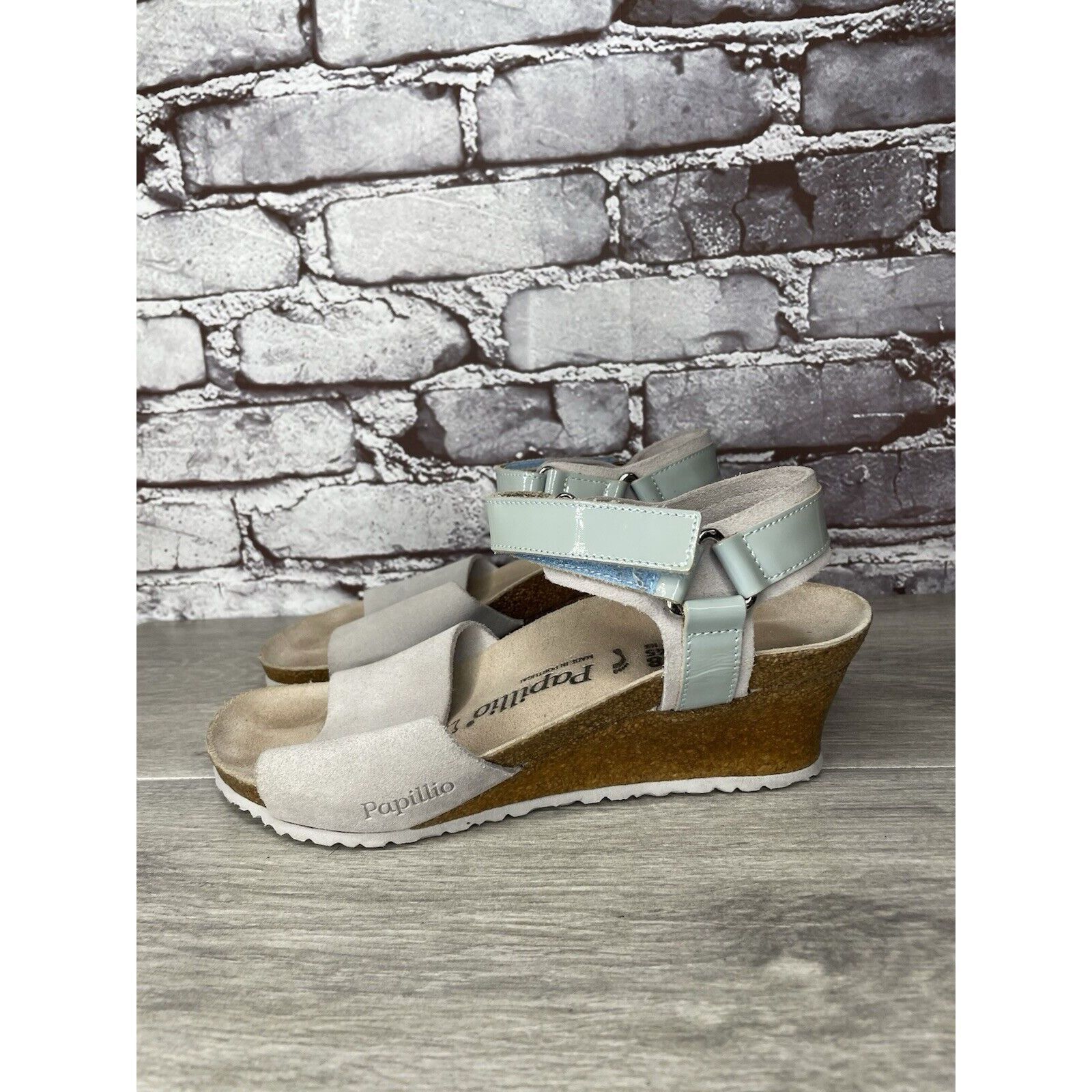 Birkenstock Papillio Grey Nubuck Suede Teal Patent Cork Wedg