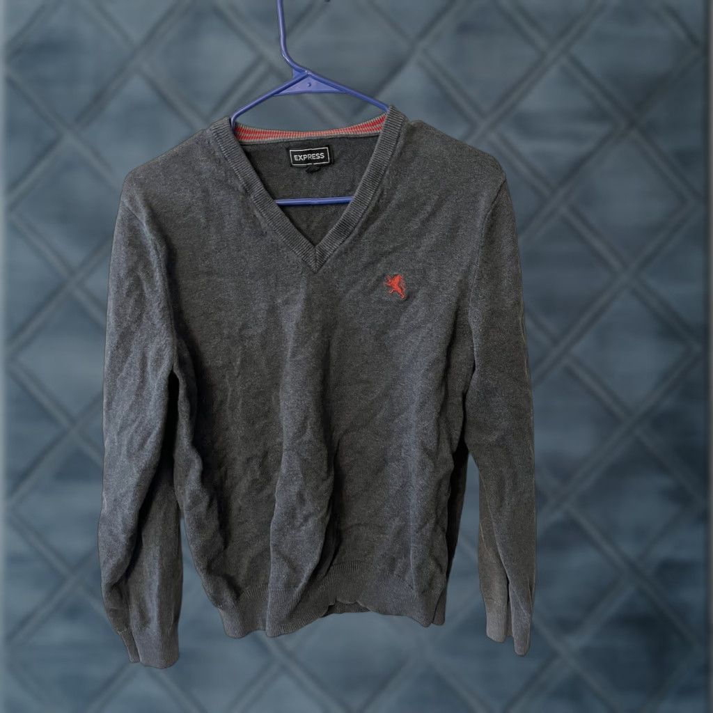 Express Express Mens Pullover V-Neck Sweater Size Medium Charcoal Gray Knit Cotton Long Sleeve Pullover Modern All Seasons Size US M / EU 48-50 / 2 - 1 Thumbnail