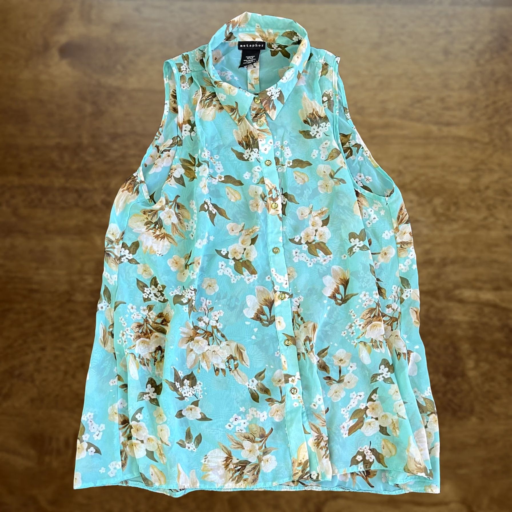 Vintage Metaphor Blouse Womens XL Blue Floral Sheer Chiffon Sleeveless Button Front Top Size XL / US 12-14 / IT 48-50 - 1 Thumbnail