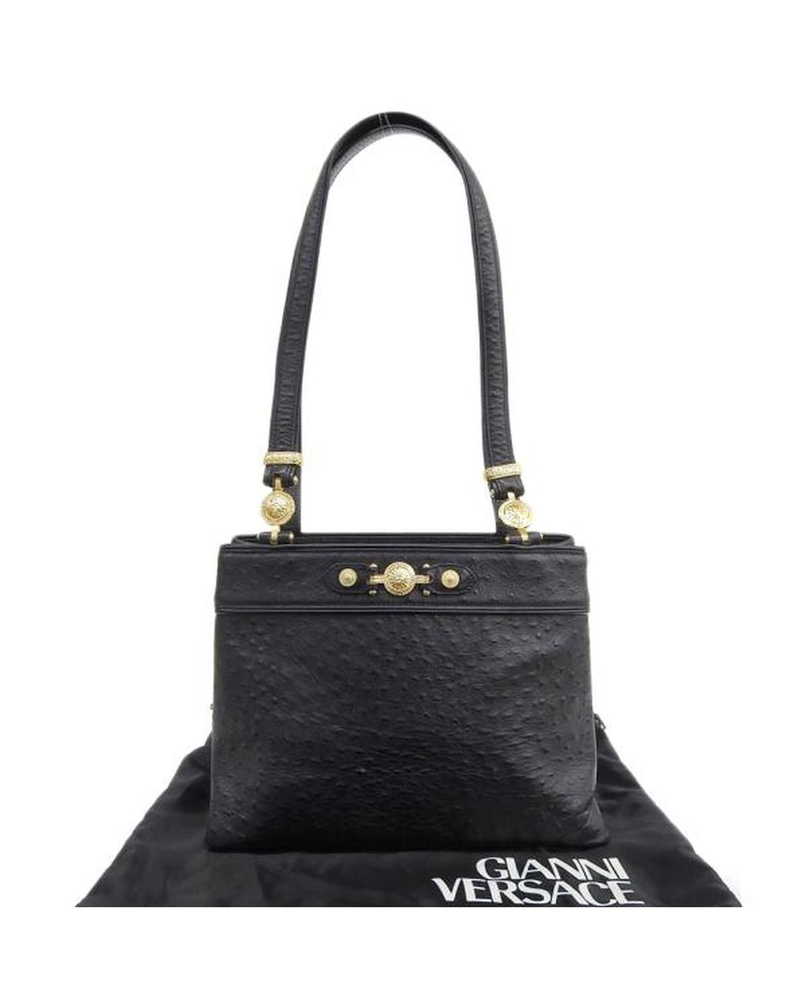 image of Versace Black Leather Sunburst Logo Shoulder Bag, Women's