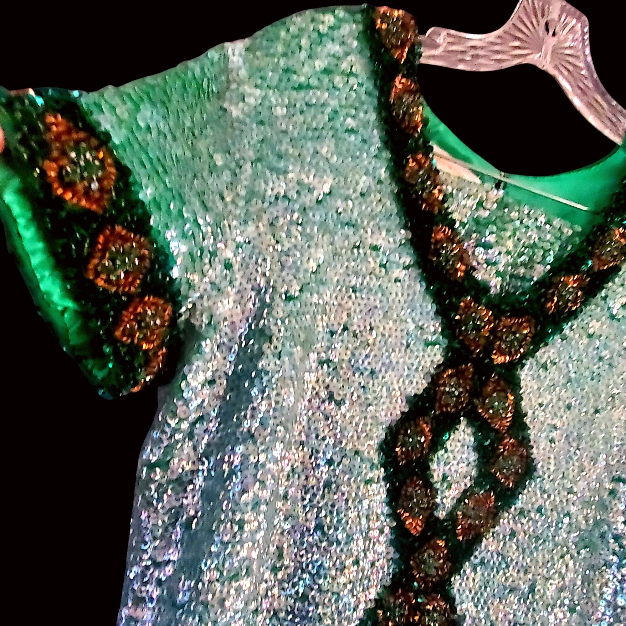 Vintage Sequin Beaded Green Skirt Set Size L 60s NWOT Cockta