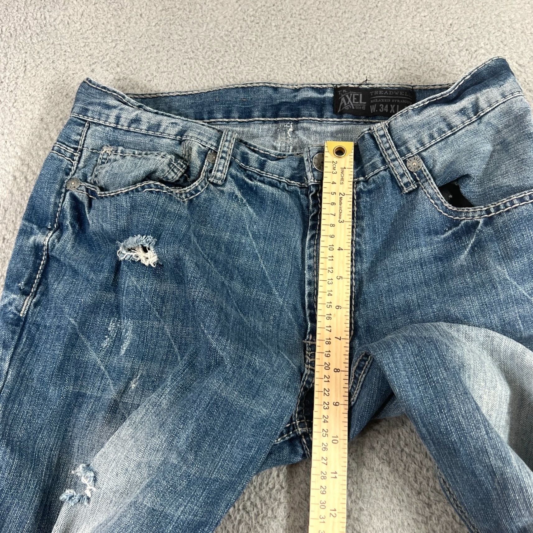 Denime TK Axel Jeans Men 34x32 Distressed Straight Fit Denim Pants Blue 5-Pocket Regular Rise 35in Waist Vintage? No (Preowned) Mens Size US 35 - 5 Thumbnail