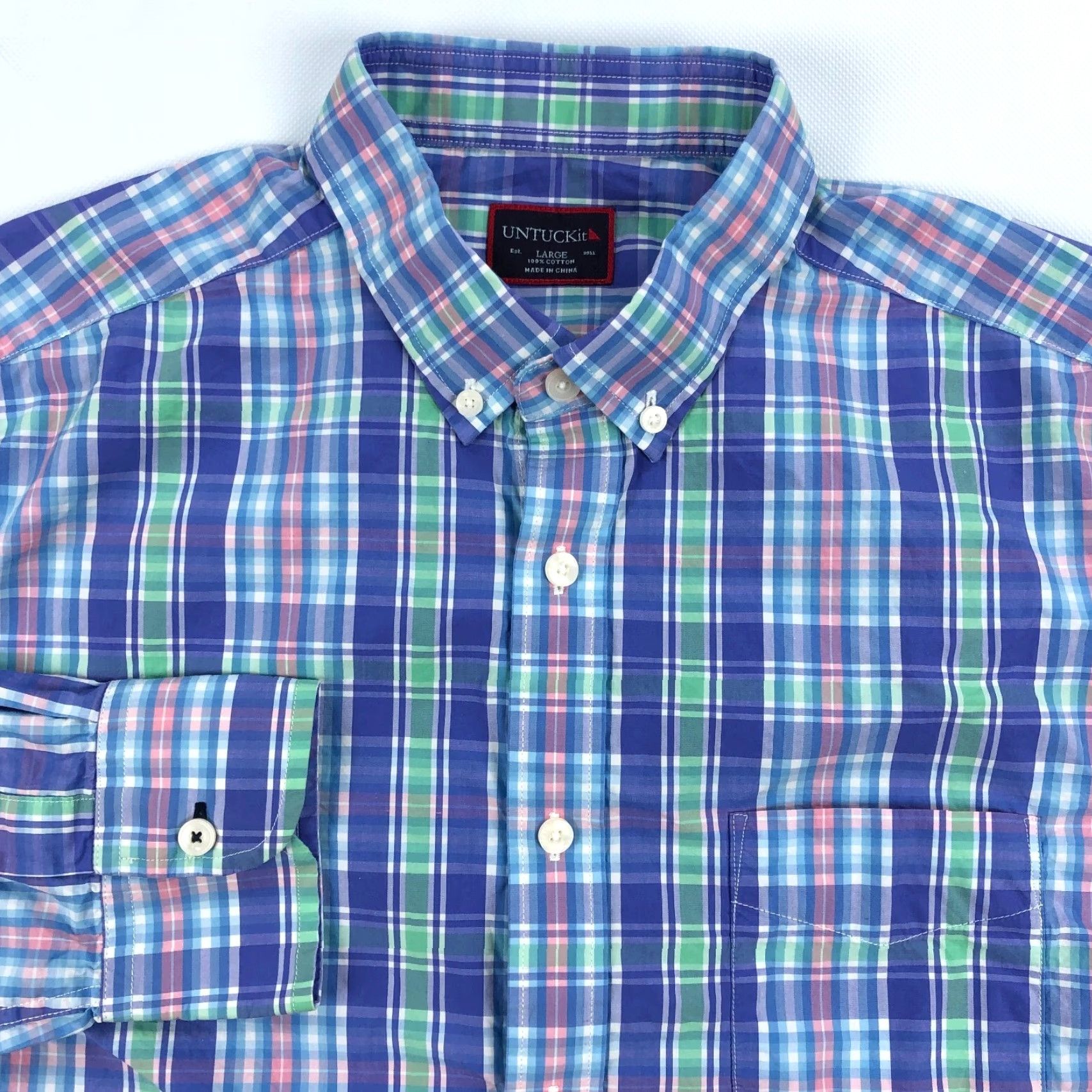 UNTUCKit UNTUCKIT Men's L Blue Green Pink Plaid Button-Down Casual Shirt Long Sleeve Size US L / EU 52-54 / 3 - 2 Thumbnail
