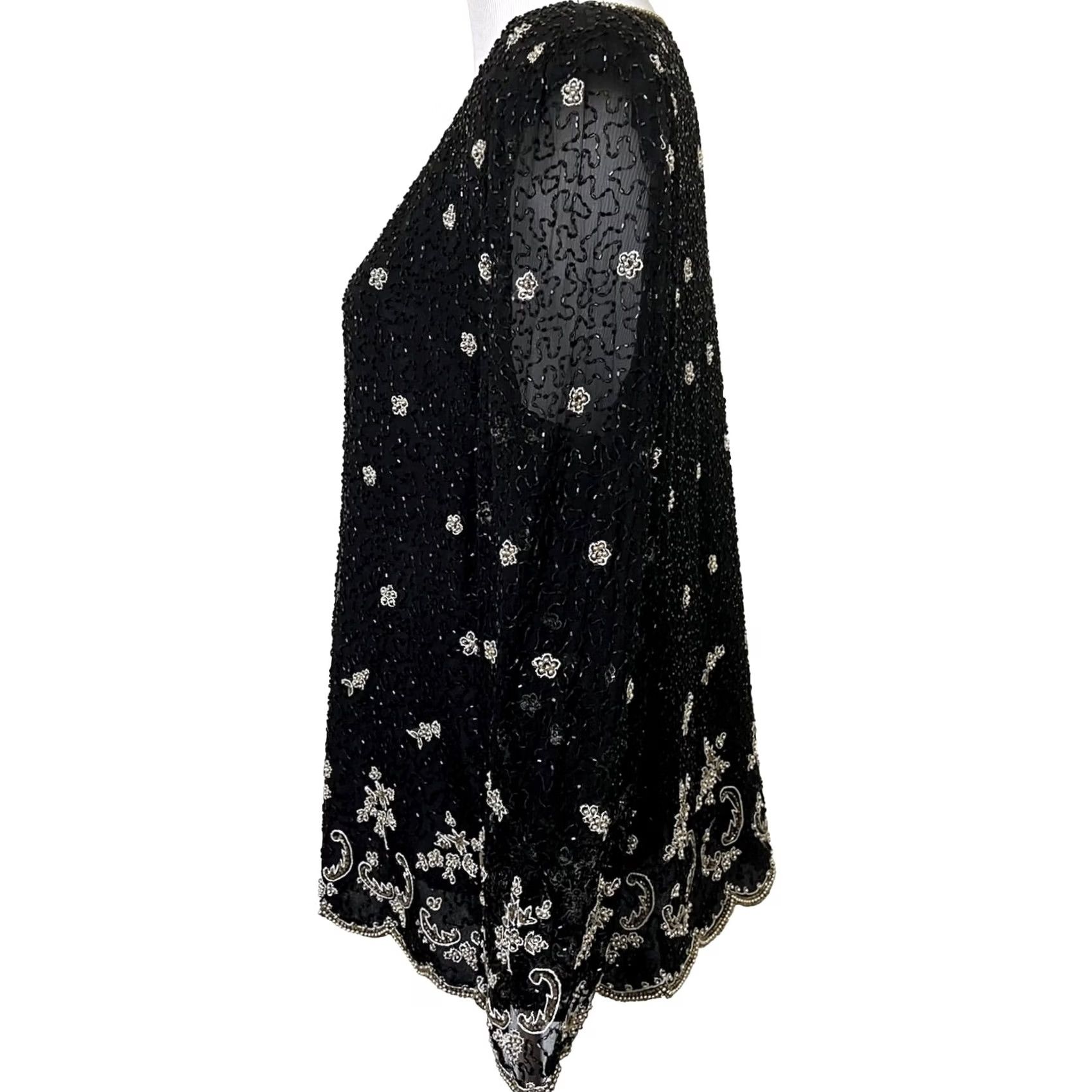 Vintage VINTAGE Laurence Kazar Black Beaded Silk Top Blouse 1X Long Sleeve Eveningwear Shirt Former 80s Womens Size XL / US 12-14 / IT 48-50 - 3 Thumbnail