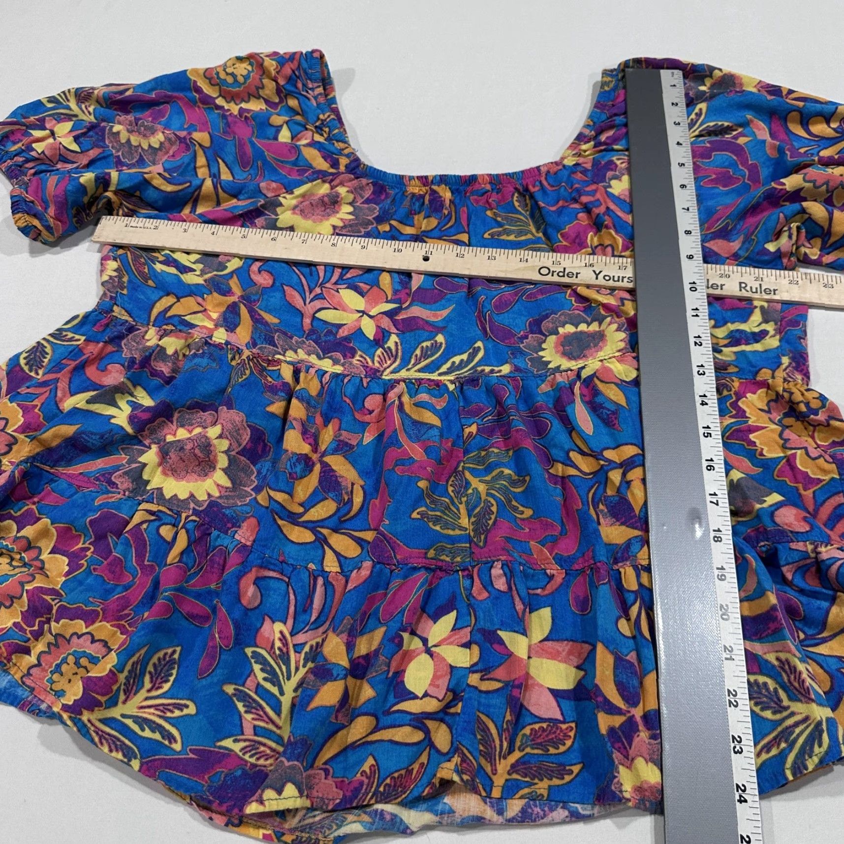 Vintage Terra & Sky Blouse Womens Plus 1X Blue Yellow Pink Puff Sleeve Scoop Neck Tunic Floral Ruffle Elastic Waist Casual Pullover Size XL / US 12-14 / IT 48-50 - 6 Thumbnail