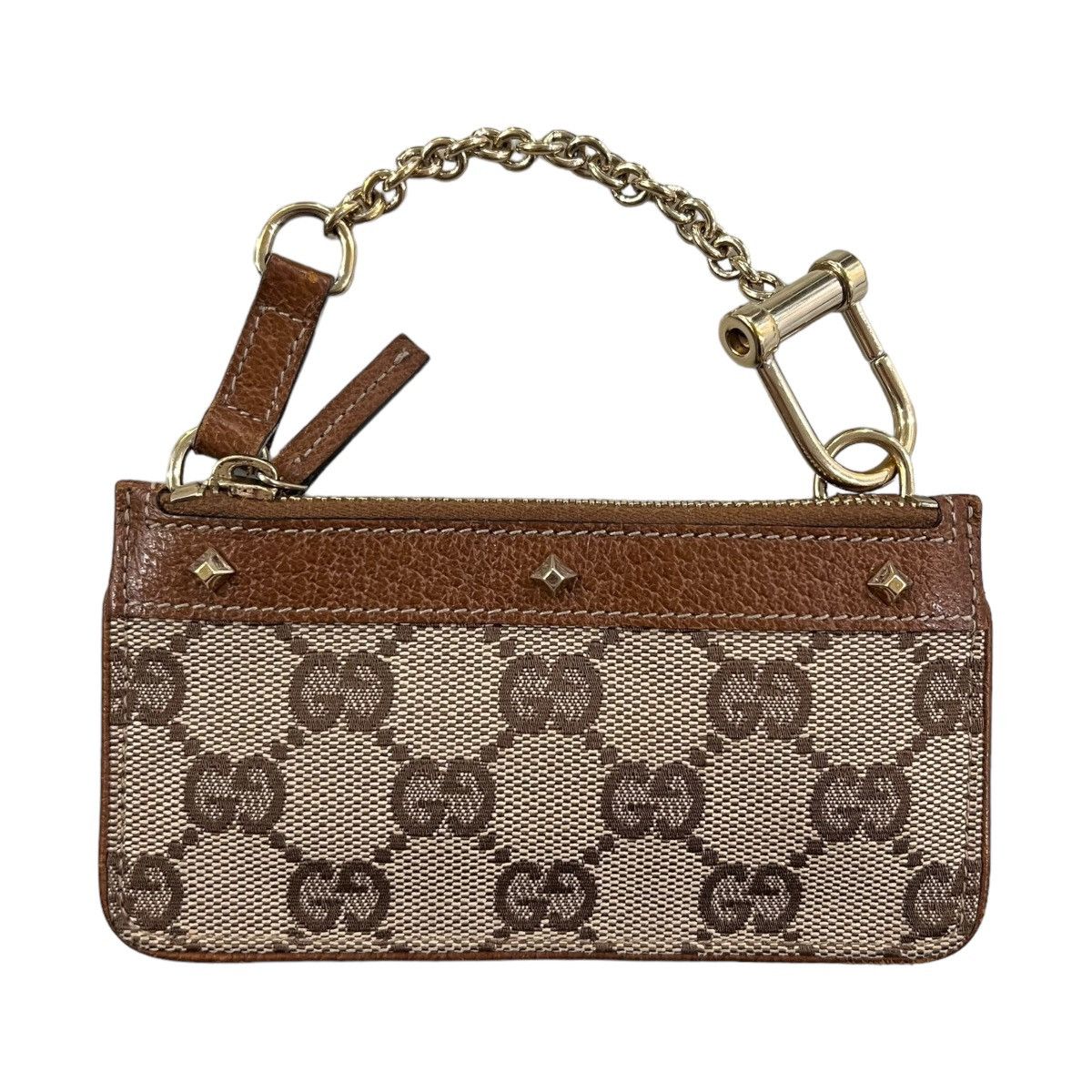 image of Gucci Studded Monogram Key Pouch Wallet in Brown, Women's