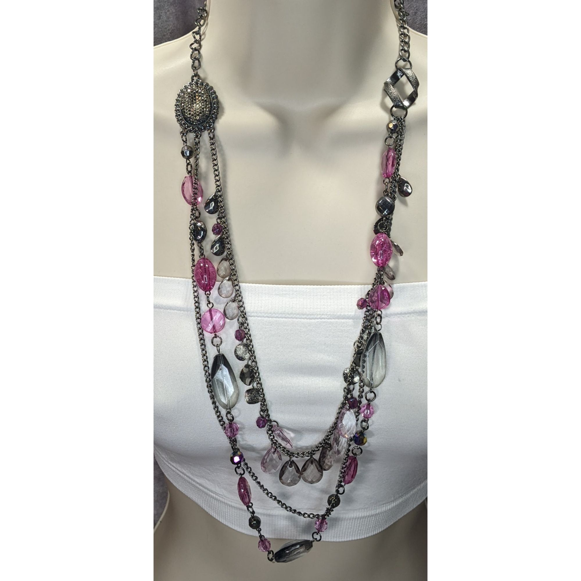 Other Y2K Glam Goth Multi-Layered Necklace With Pink & Silver Tone Size ONE SIZE - 1 Thumbnail