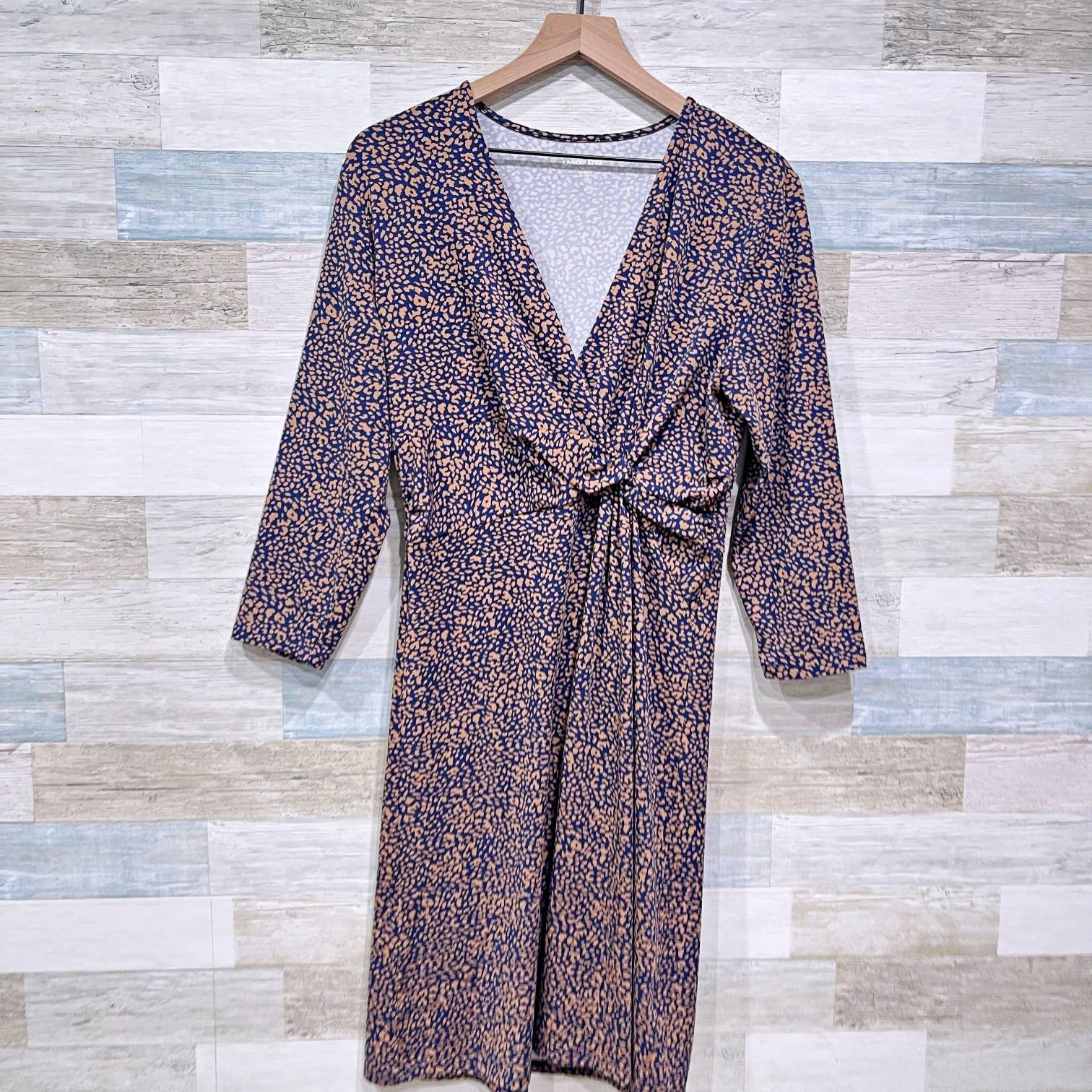 Lands End Lands End Twist Faux Wrap Jersey Dress Blue Brown Animal M