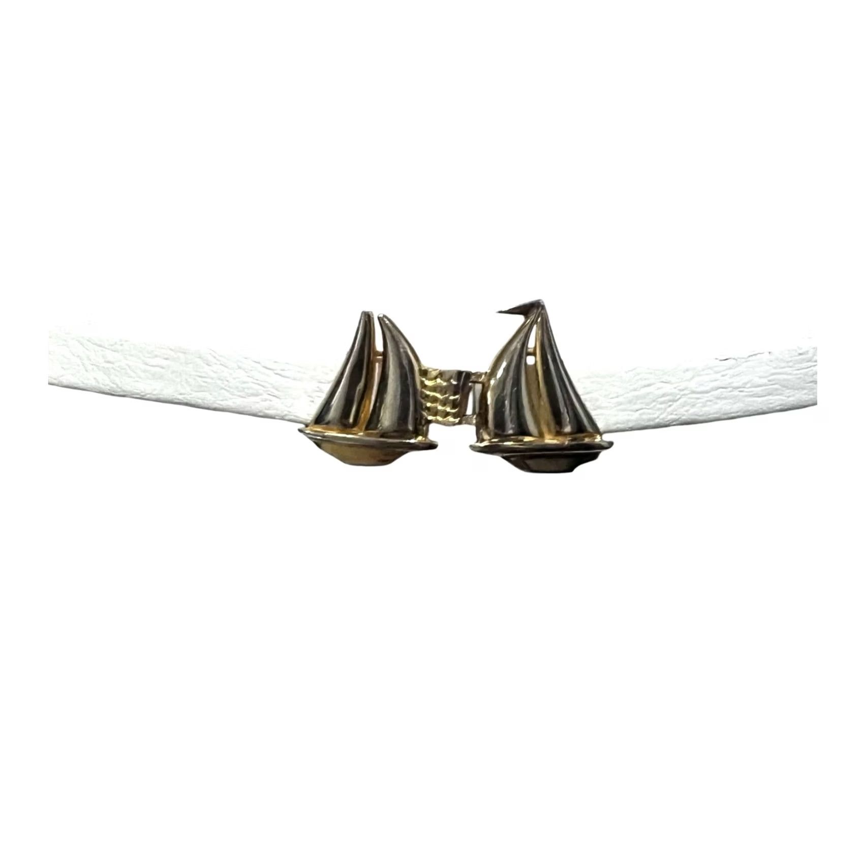 Vintage Sailboat Womens Belt Skinny White Gold Tone Boat Buckle Nautical Adjustable Size ONE SIZE - 2 Thumbnail