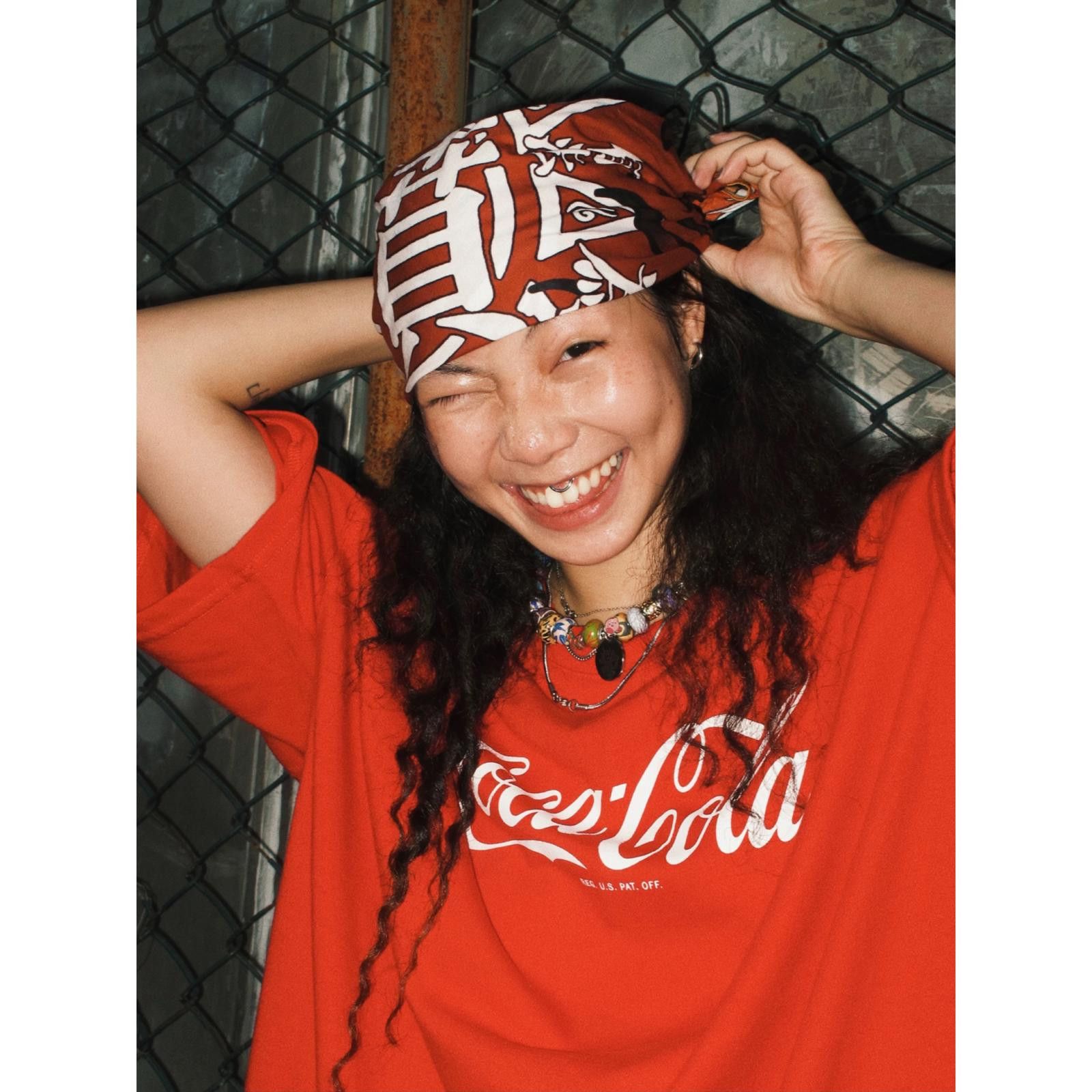 Japanese Brand Y2k Red Flame Scarf Bandana Chinese Character “Fèn” Graphic Size ONE SIZE - 4 Thumbnail