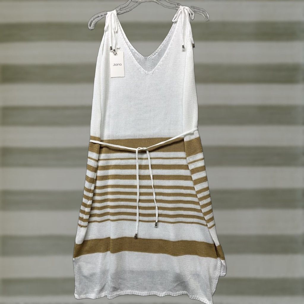 Vintage Kiana Tank Dress XL Khaki White Stripe Tie-Waist Blouson Dress Knitted Midi Casual Womens Shirt Dress Size XL / US 12-14 / IT 48-50 - 1 Thumbnail