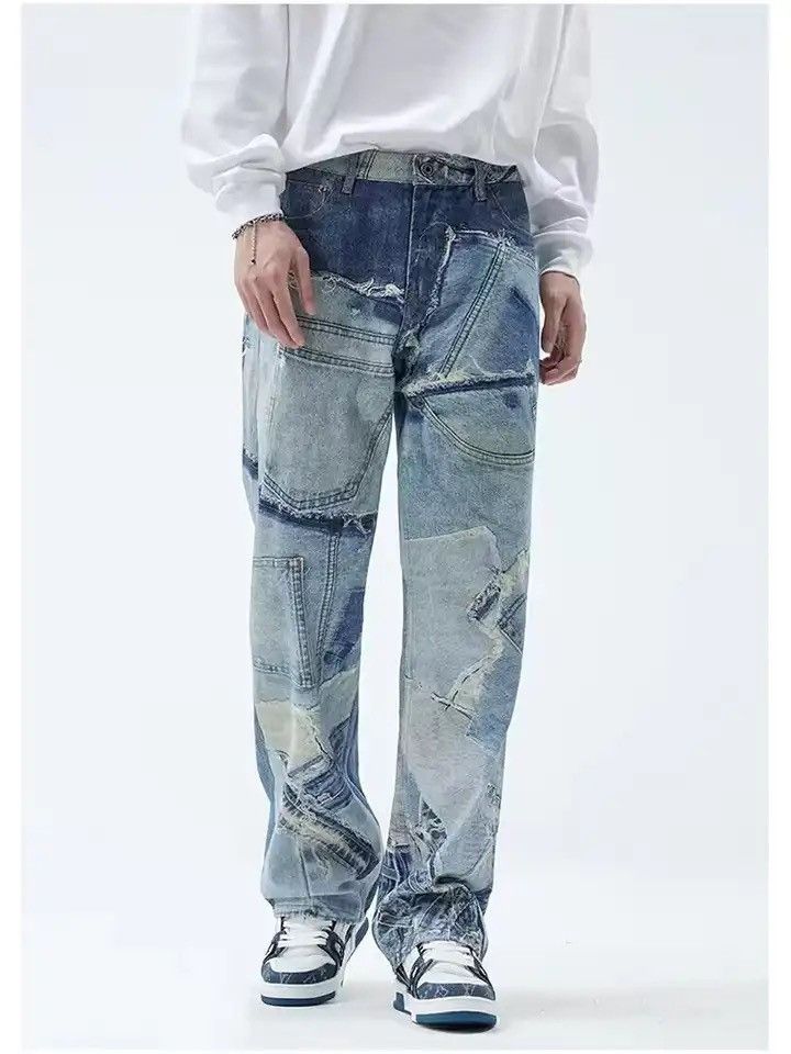 Fashionable Fake Patchwork Printing Y2K Jeans