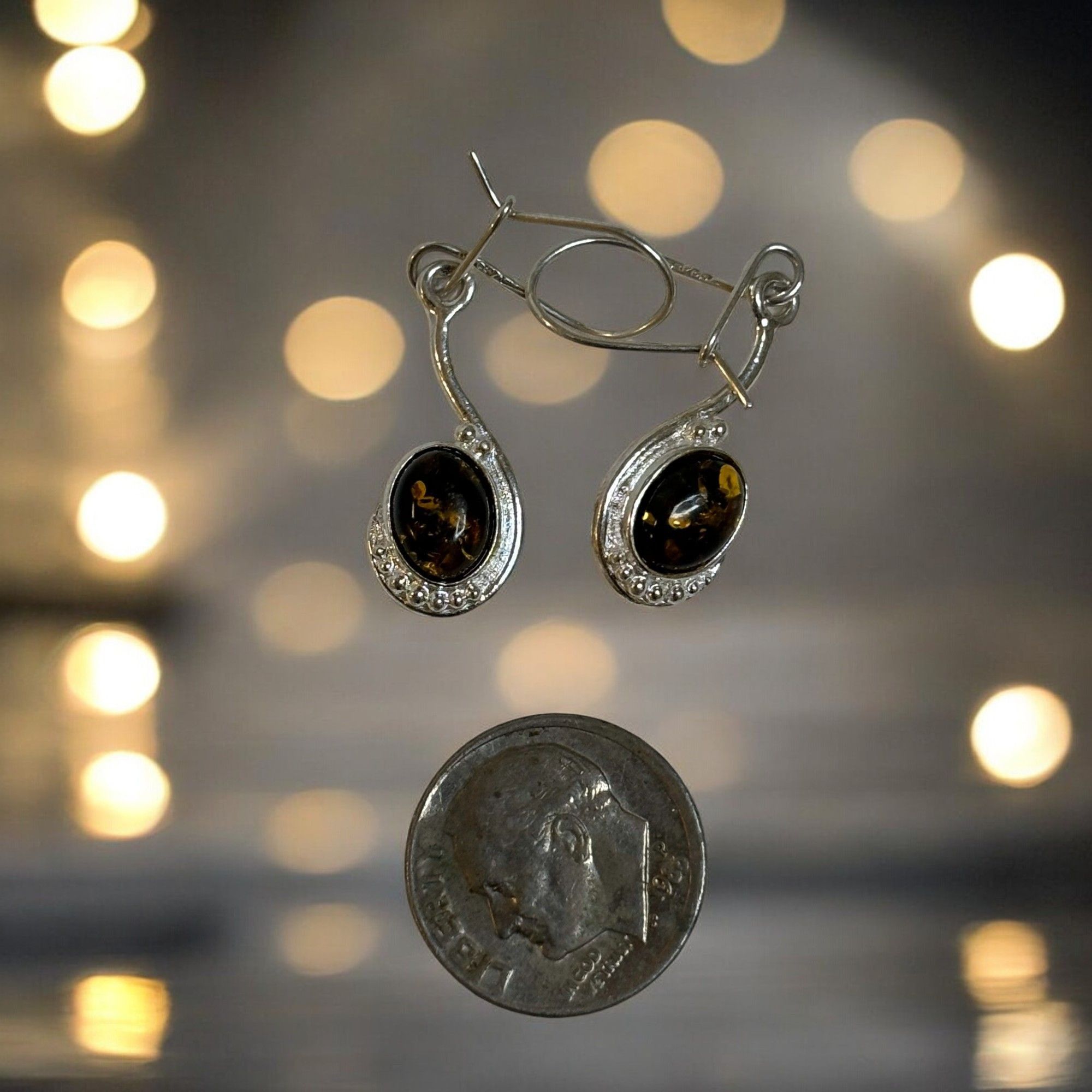 Designer Sterling Silver 925 Green Amber Drop Dangle Earrings Size ONE SIZE - 8 Thumbnail