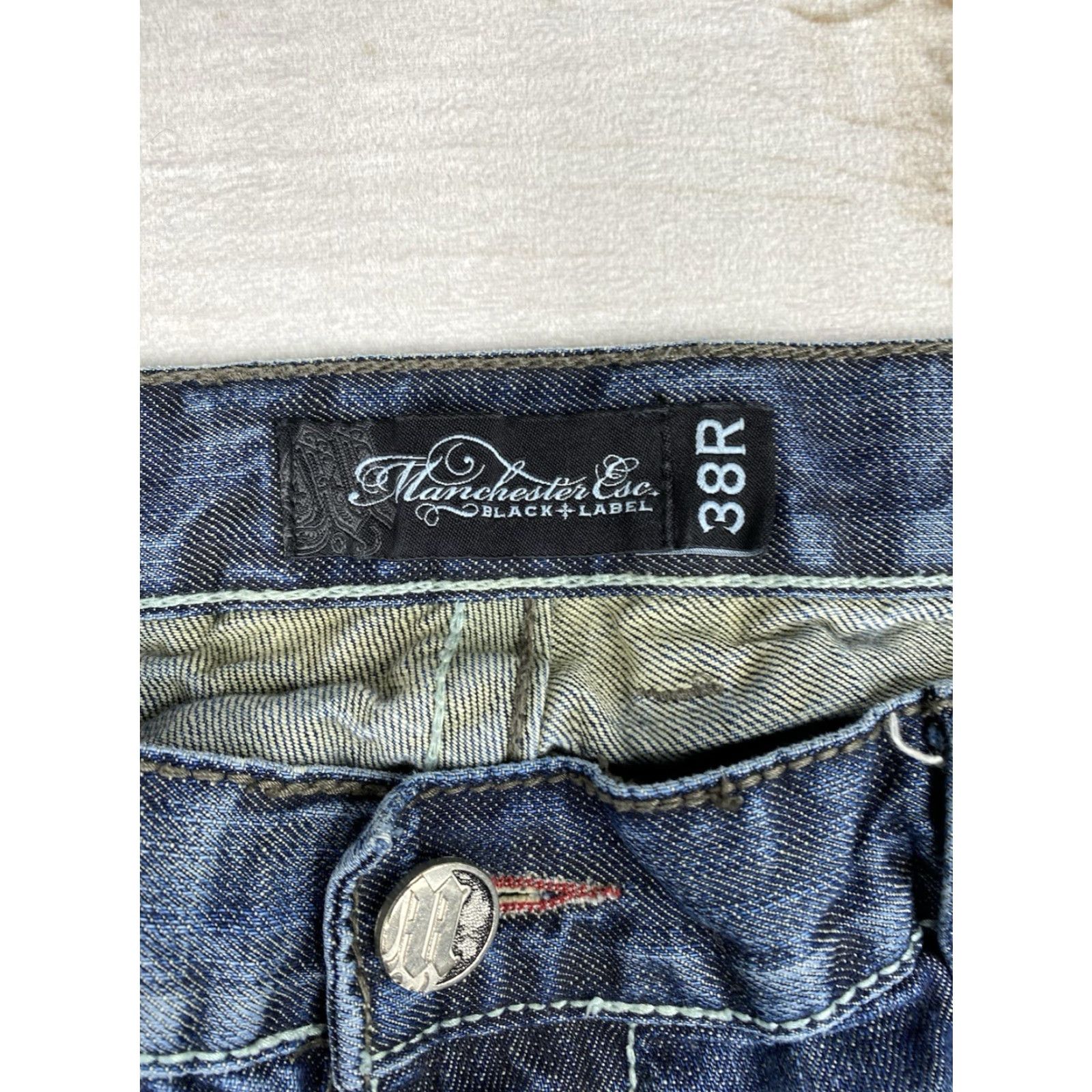 Denime Manchester Jeans Mens 38R Distressed Embroidered 5-Pocket Denim Dark Wash 100% Cotton Blue Jeans Mens Regular Size US 38 / EU 54 - 3 Thumbnail