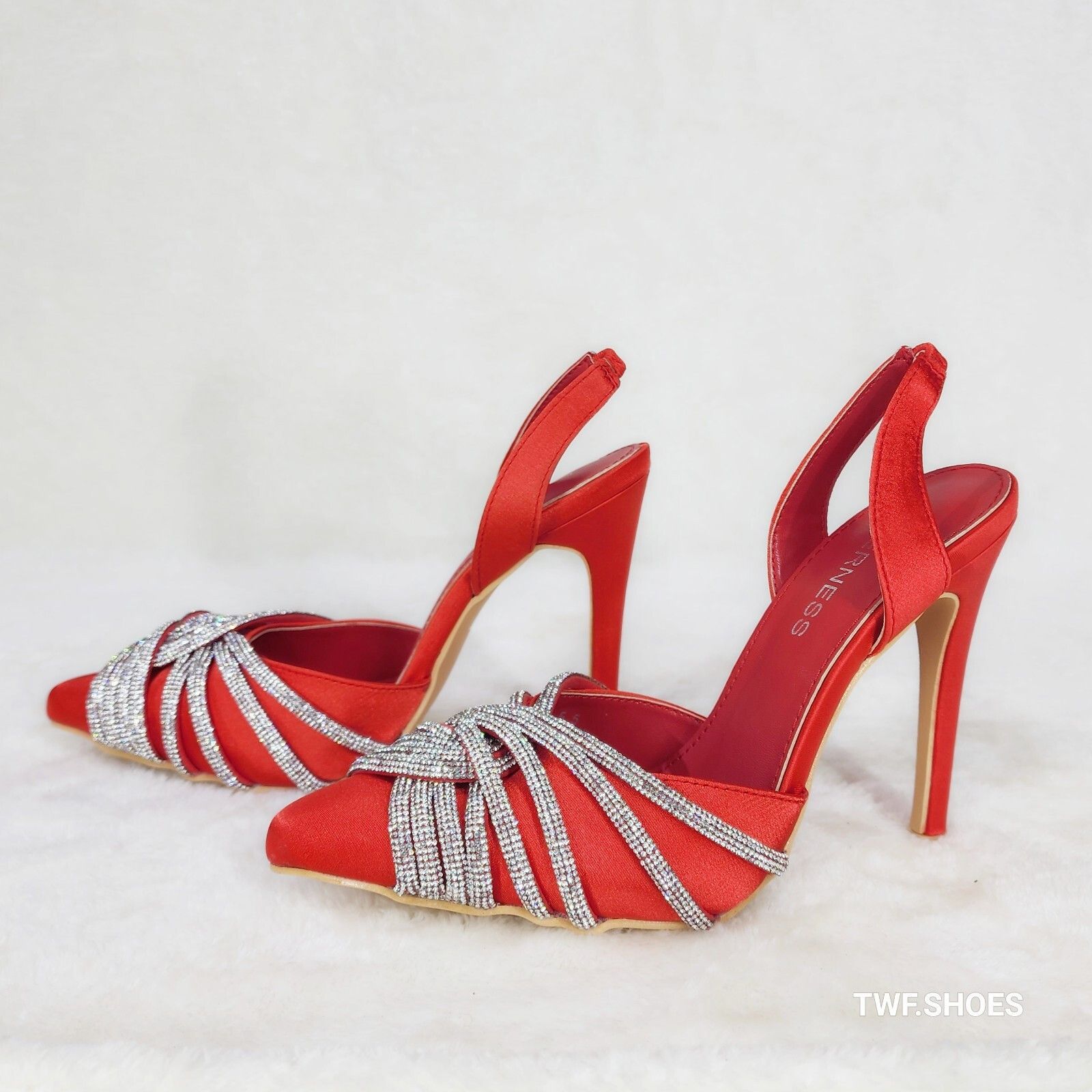 Other Elegance Slip on Slingback Red Satin Rhinestone Pointy Toe H Size US 9 / IT 39 - 8 Thumbnail