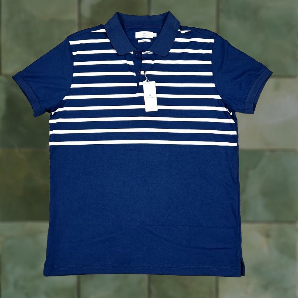 Vintage NWT Arturo Calle Polo Shirt XL Navy Blue White Striped 100% Cotton Men Slim Short Sleeve Collared Button Polo Size US XL / EU 56 / 4 - 1 Thumbnail