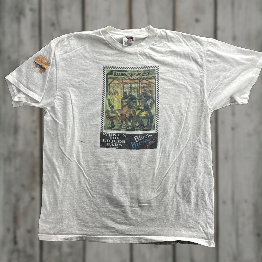 VINTAGE Oneita Blues Brews BBQ T-Shirt Mens XL White Music Festival 90s Tee