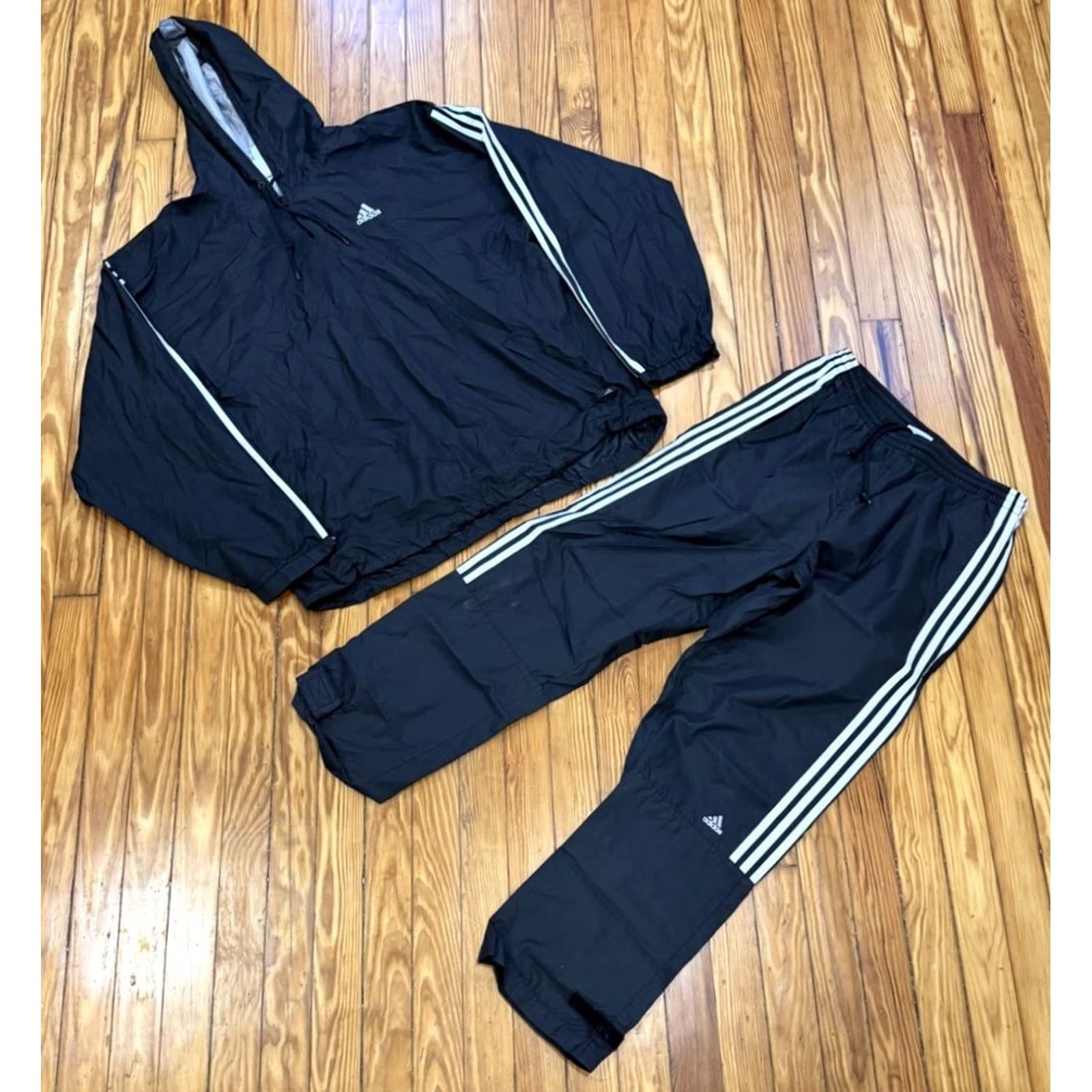Adidas VTG Adidas Track Suit Mens M/XL Black 2 Piece Windbreaker Set Jacket Pants Striped 90s Size 40R - 2 Thumbnail