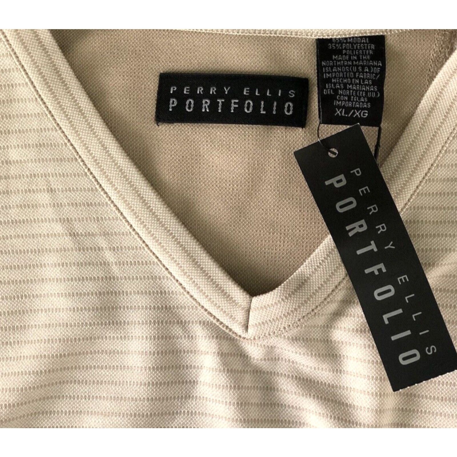 Perry Ellis Perry Ellis Jersey Shirt XL Tan Stripe V-Neck Long Sleeve Pullover Classic Size US XL / EU 56 / 4 - 3 Thumbnail