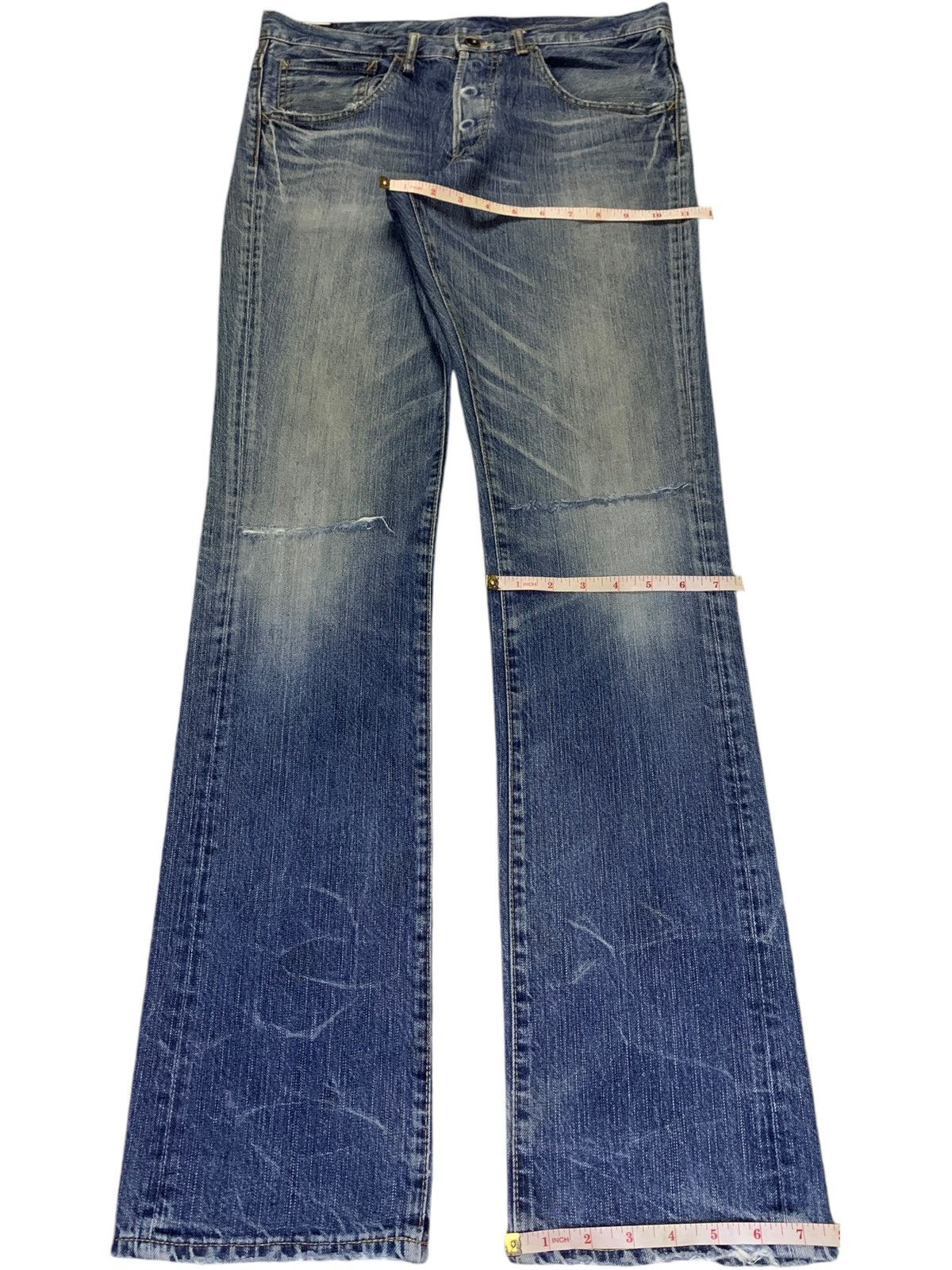 Japanese Brand Vintage Blue Way Faded Wash Distressed Bootcut Jeans Size US 33 - 13 Thumbnail