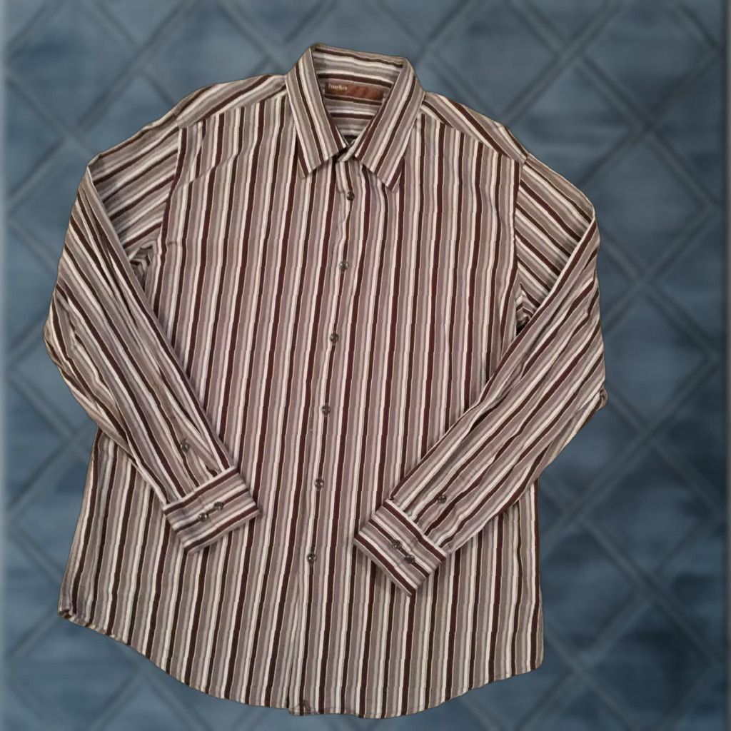 Perry Ellis Perry Ellis Shirt Men XL Brown Striped Long Sleeve Button-Up Regular Cotton Size US XL / EU 56 / 4 - 1 Thumbnail