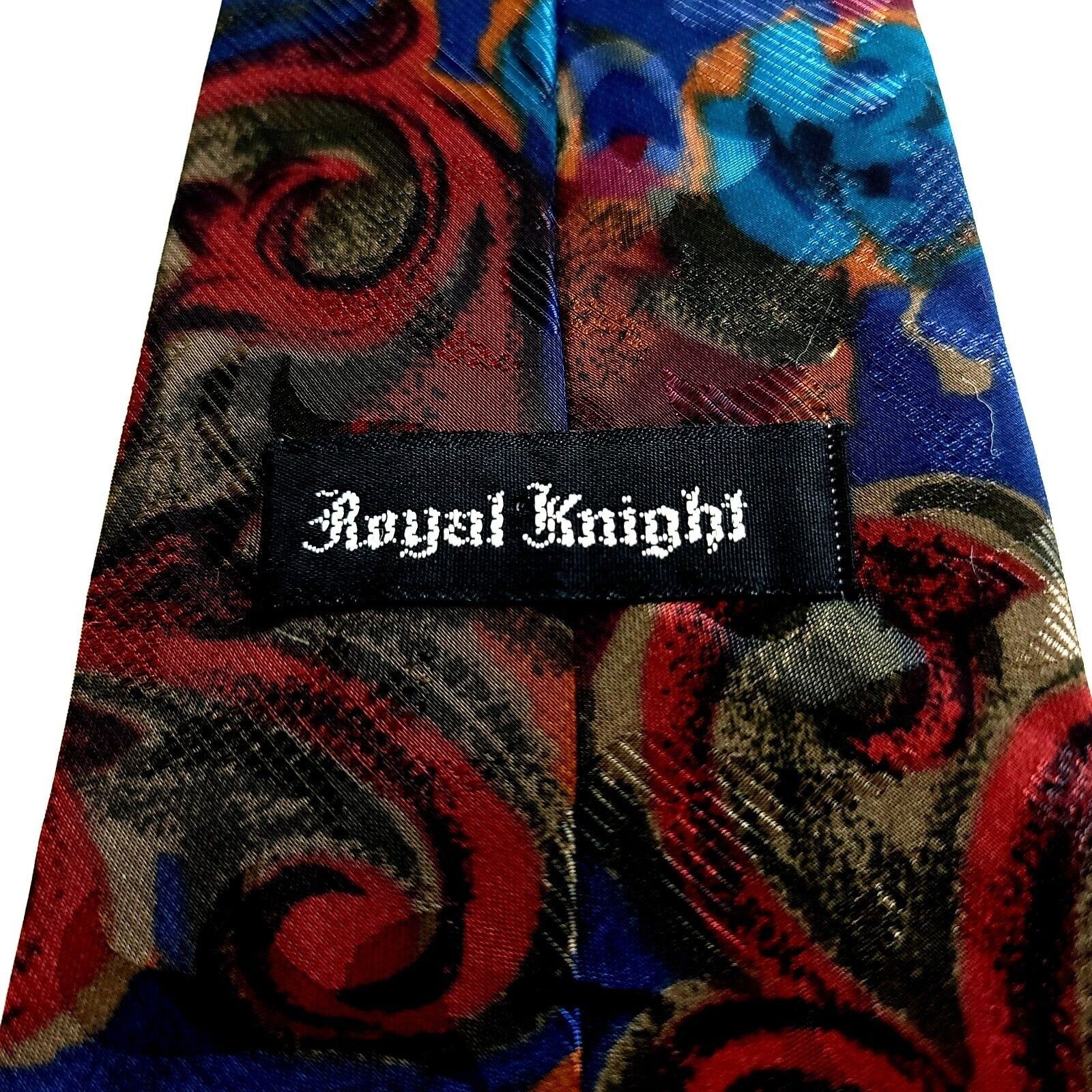Vintage Royal Knight Blue Red Baroque Jacquard Print Short Silk Tie Size ONE SIZE - 3 Thumbnail