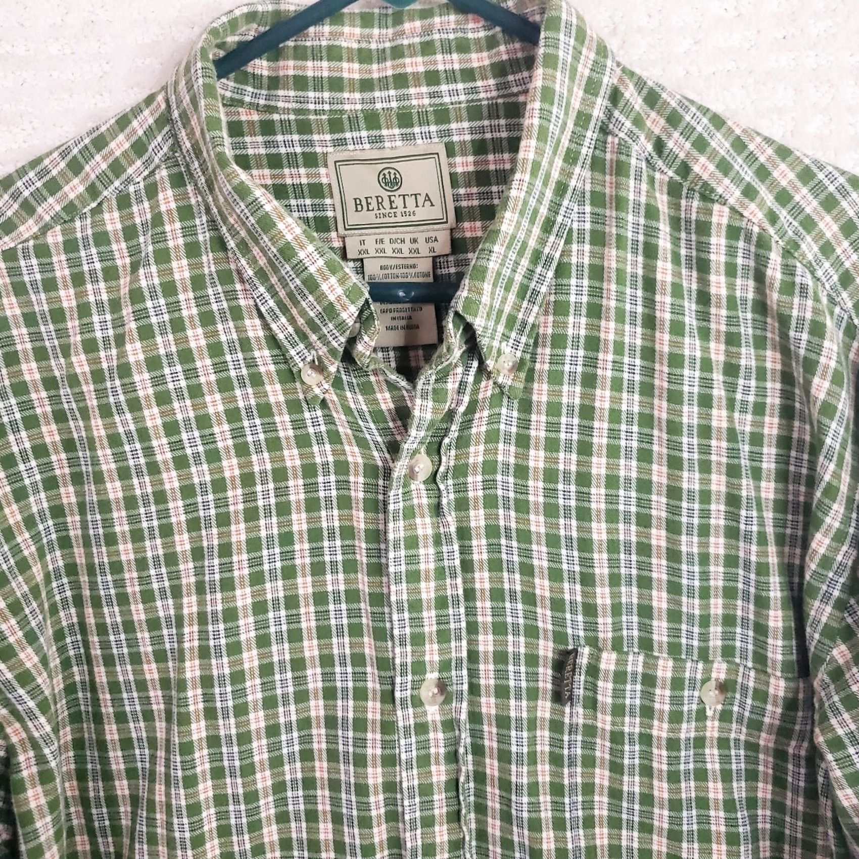 Vintage Beretta Green Plaid Cotton Flannel Button Up Dress Shirt Men's XL Size 42R - 3 Thumbnail