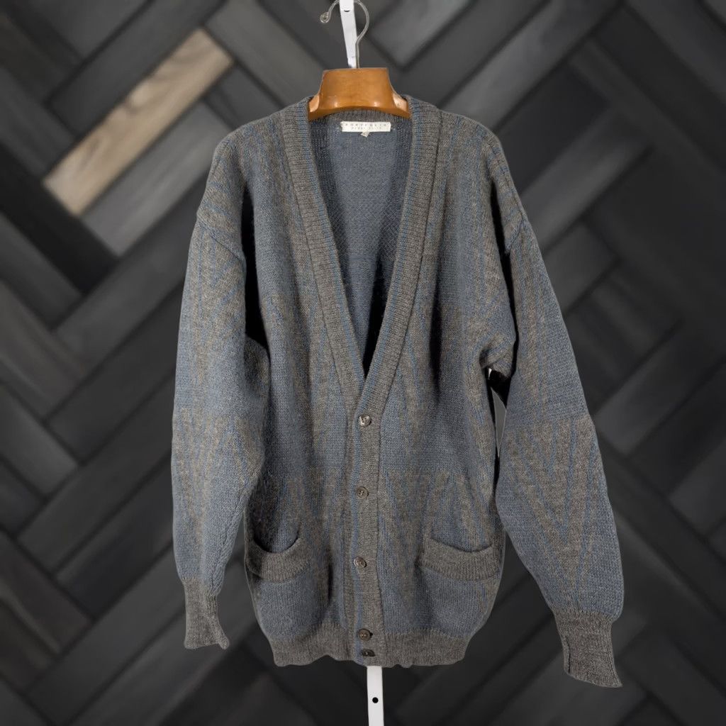 Perry Ellis VINTAGE Perry Ellis Geometric Cardigan Men Wool Alpaca Peruvian 80s 90s Chic Knit V-Neck Long Sleeve Gray and Blue - L Size US L / EU 52-54 / 3 - 1 Thumbnail