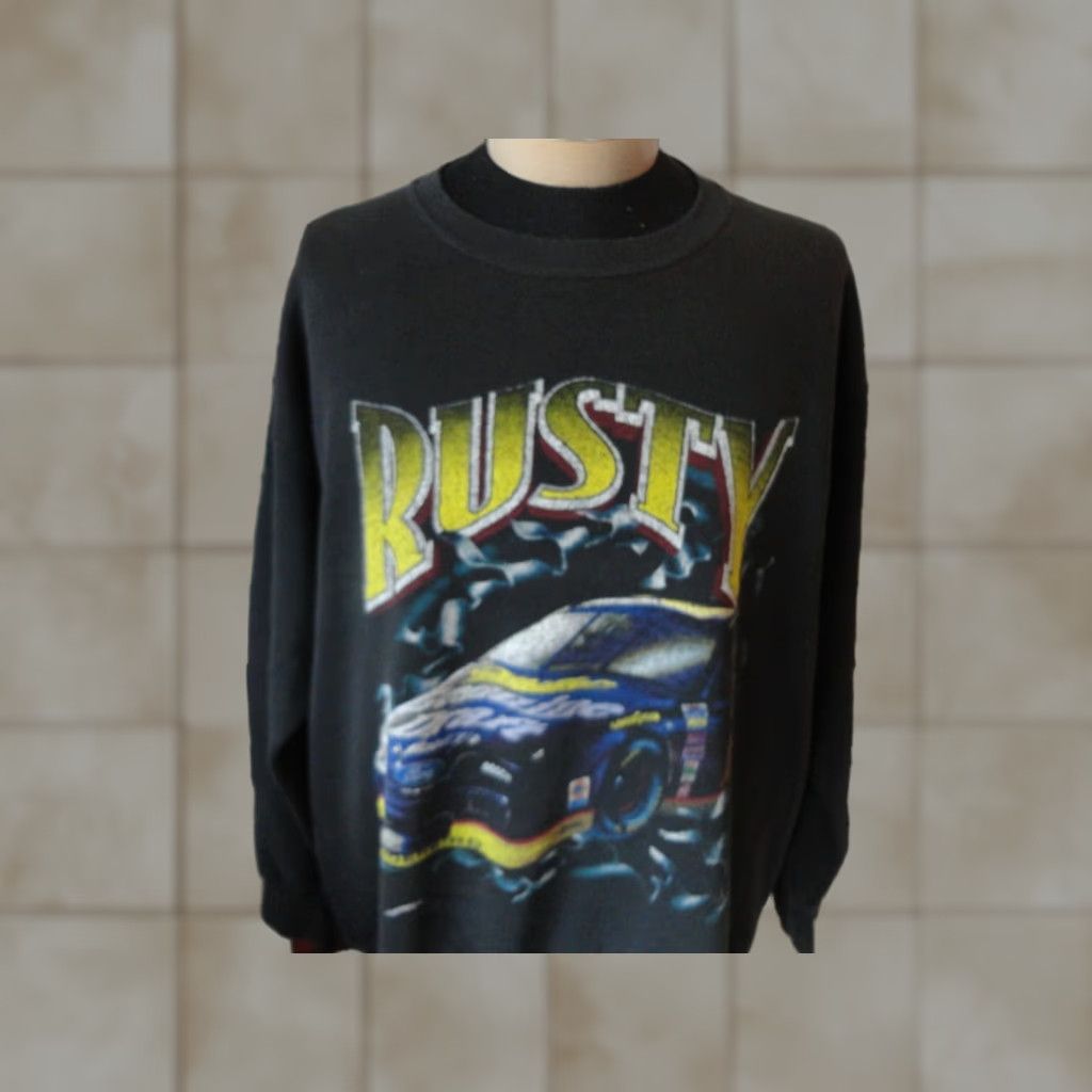 VINTAGE 90s Rusty Wallace Nascar Racing Nutmeg Mills Crewneck Sweatshirt XL Black 90s Mens Long Sleeve Cotton Shirt