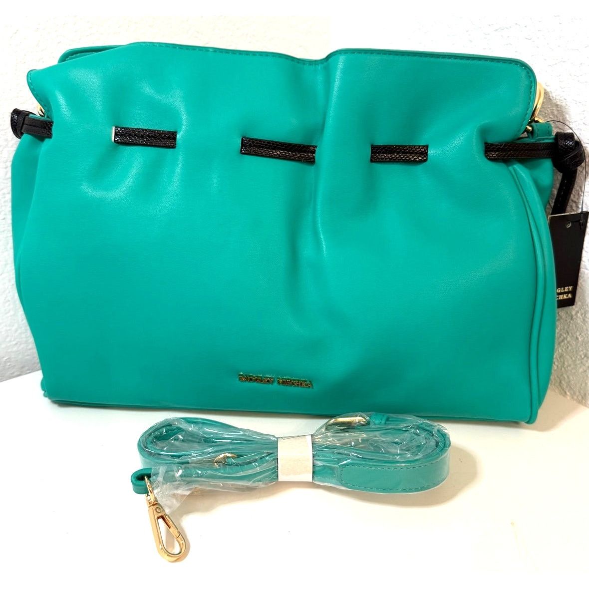 Badgley Mischka BADGLEY MISCHKA TEAL Lg Tote Vegan w/ Black Snake Handle Size ONE SIZE - 2 Thumbnail