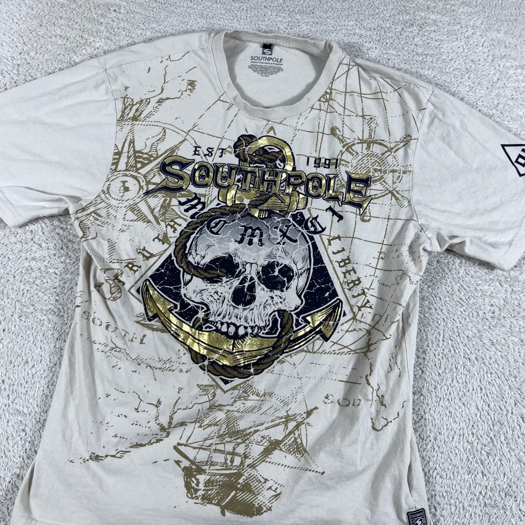 Southpole VINTAGE Southpole Shirt Mens Large Beige Skull Y2K Grunge Emo Nautical Skate Rap Size US L / EU 52-54 / 3 - 2 Thumbnail