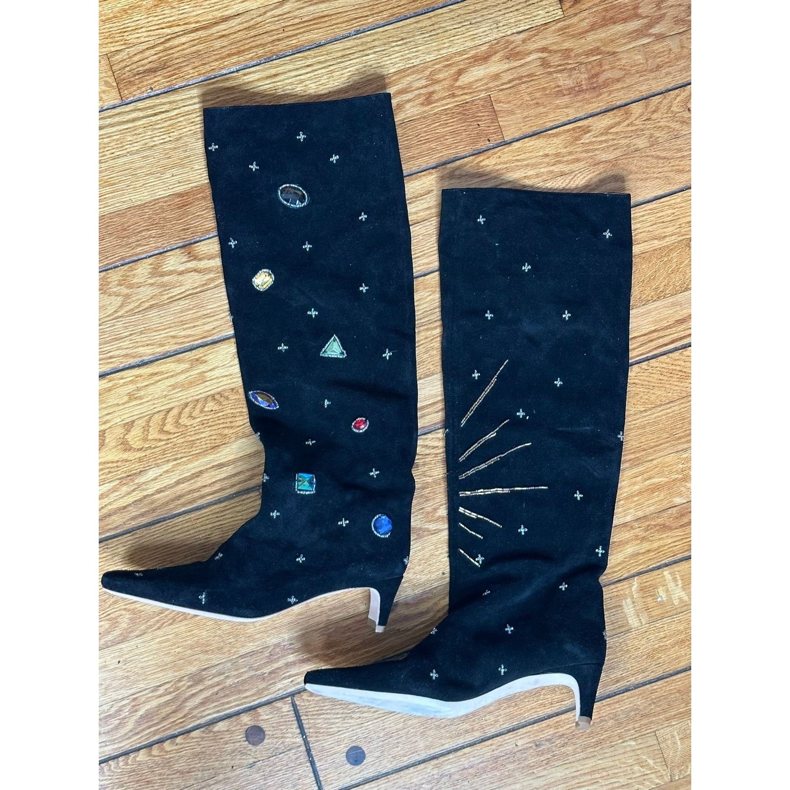 STAUD Wally Black Embroidered Heeled Boots Celestial 40