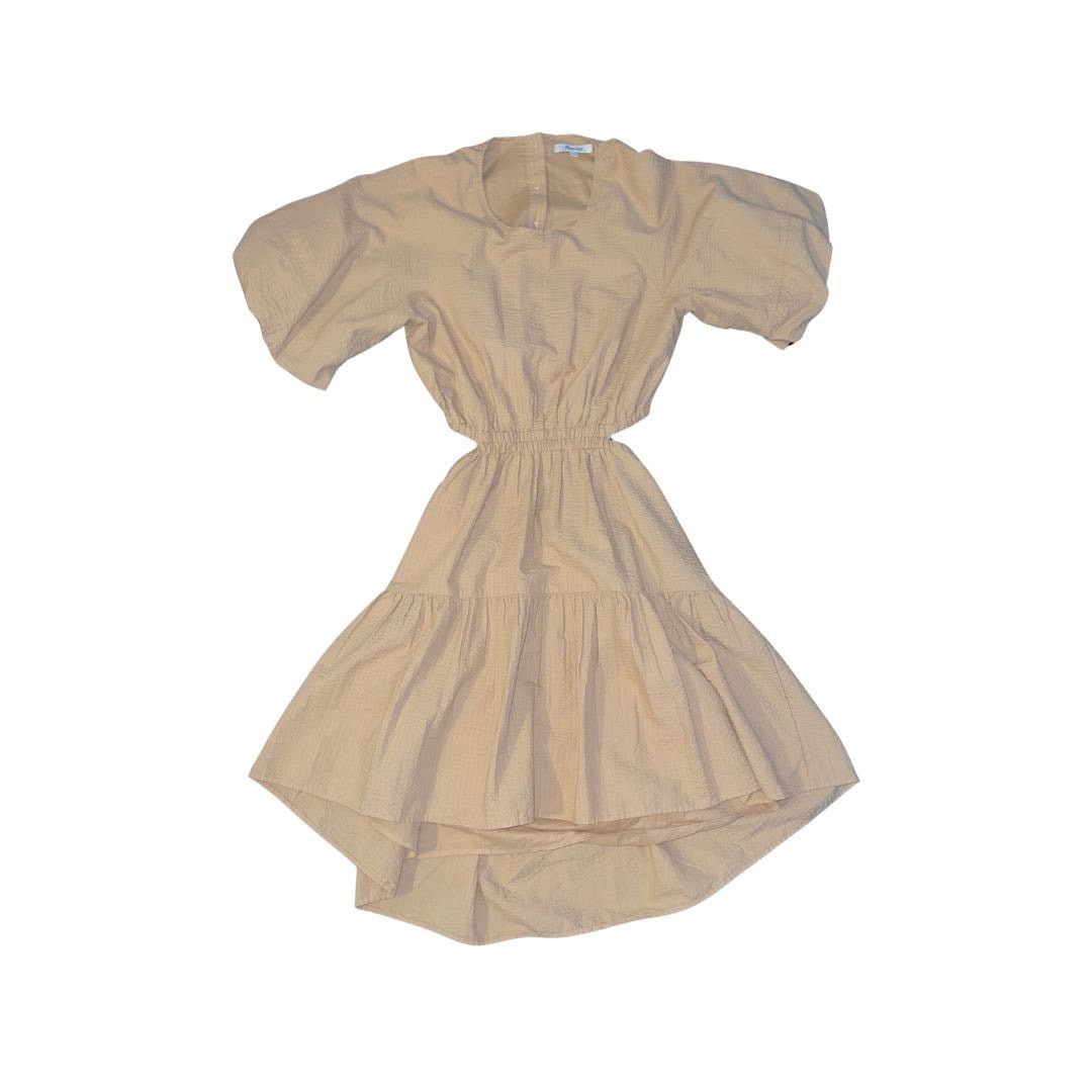 Madewell Seersucker Puff Sleeve Cutout Mini Dress Khaki Cottage Boho Size S / US 4 / IT 40 - 3 Thumbnail