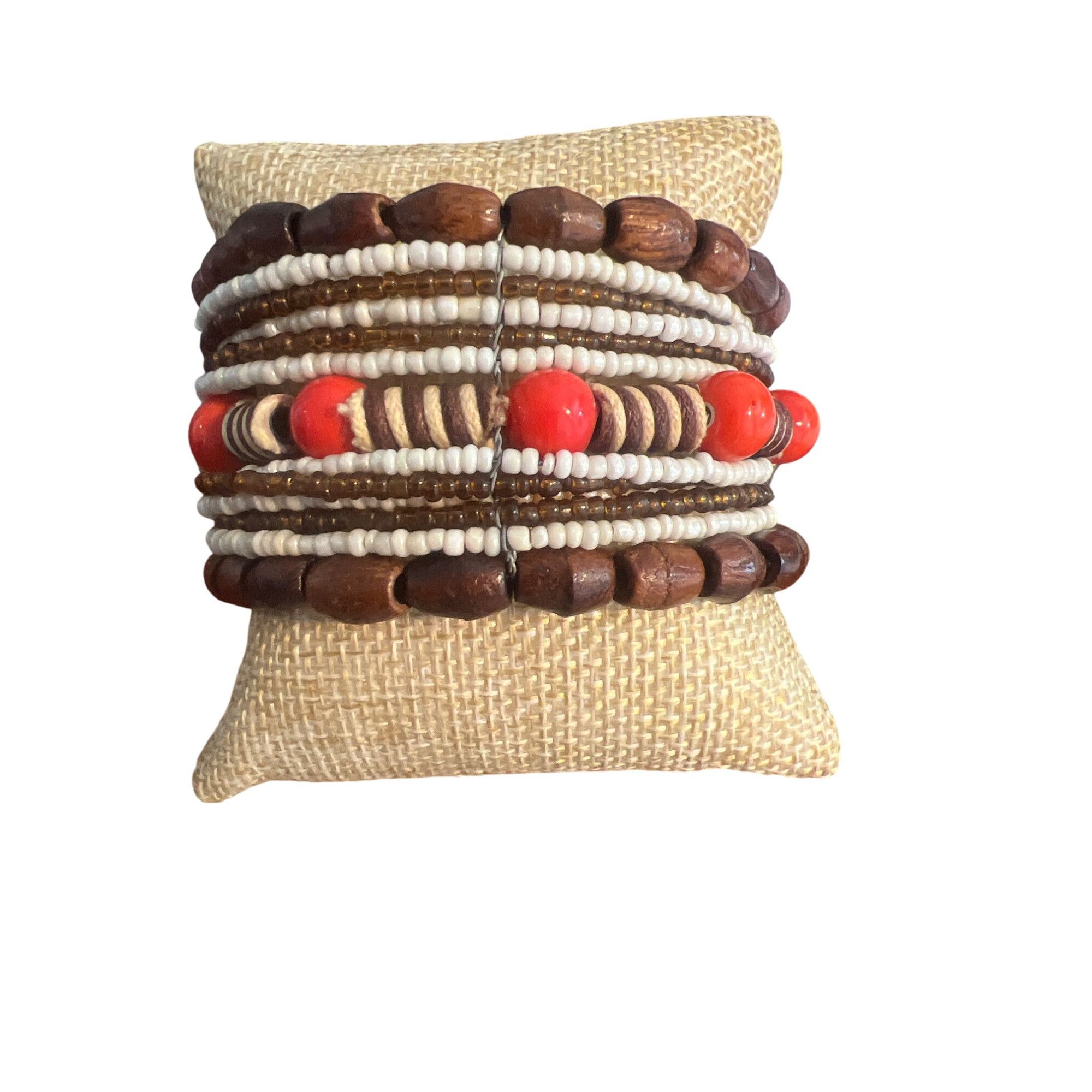 Other Vintage Memory Wire Cuff Bracelet Wood Ceramic Beads Brown O Size ONE SIZE - 1 Thumbnail