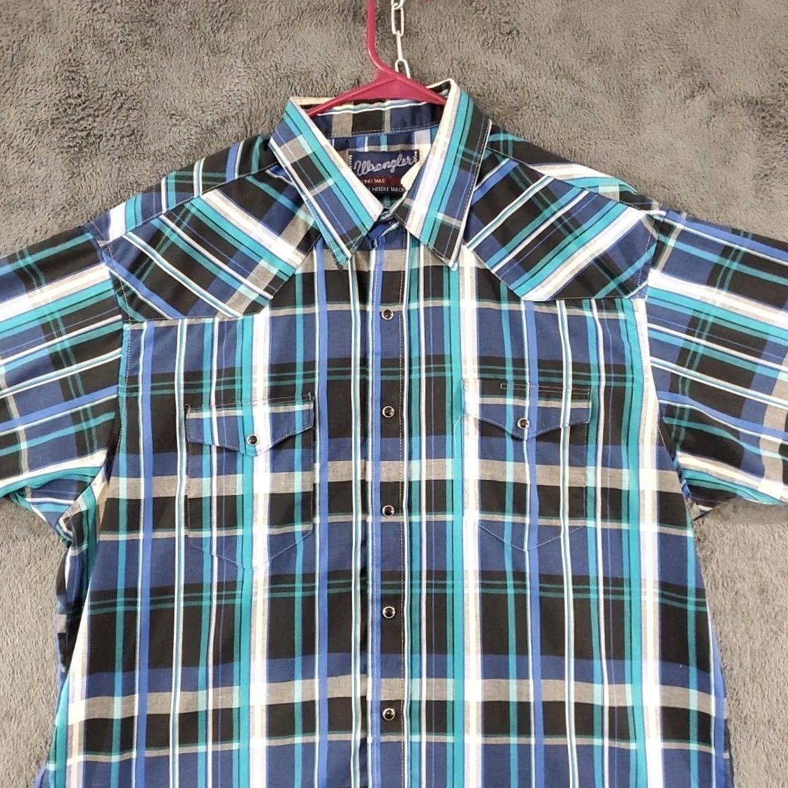 Wrangler VINTAGE Wrangler Button-Up Shirt Mens 17.5 Blue Green Plaid Pearl Snap X-Long Tails Cowboy 90s Style Snap Tailoring Wrangler Brand Size ONE SIZE - 2 Thumbnail
