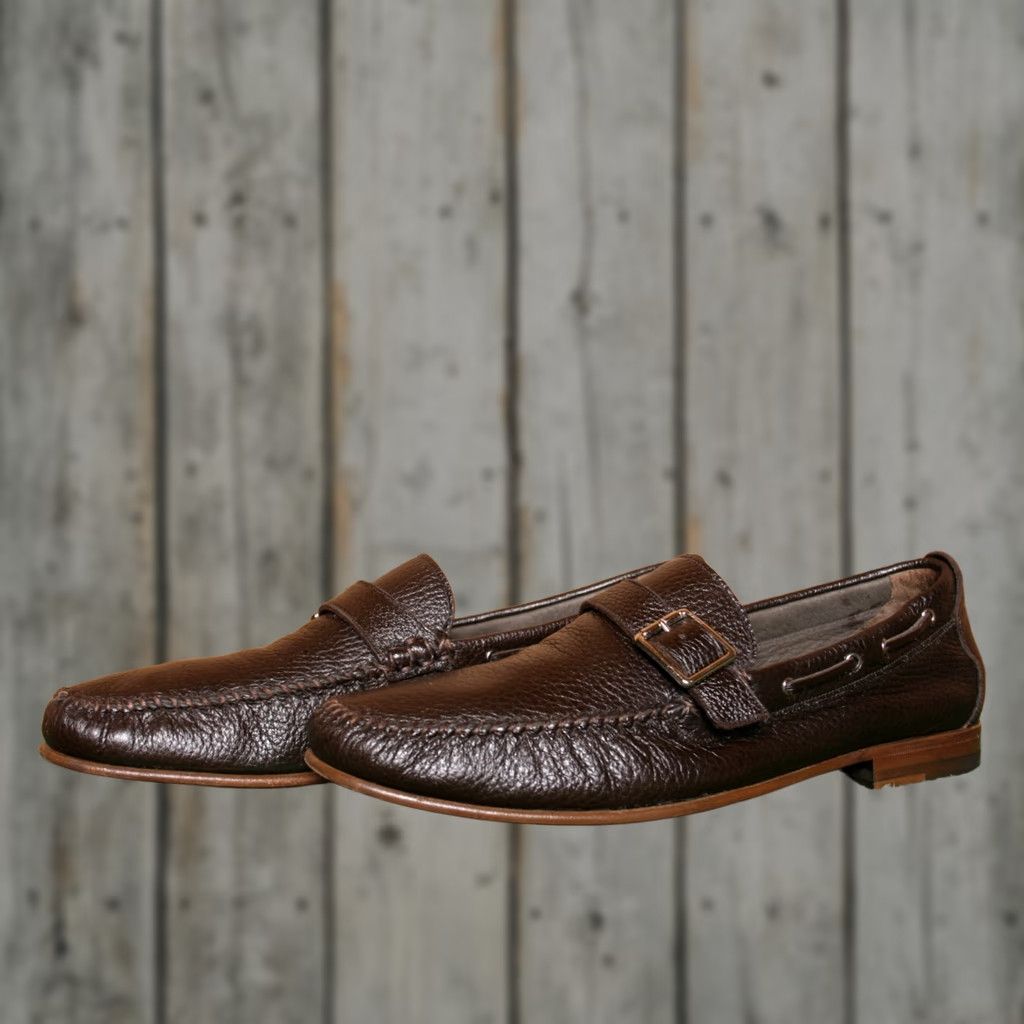 Bally BALLY Brown Pebbled Leather Buckle Strap Moc Toe Loafers UK 8.5 E US 9.5 D Slip On Mens Leather Loafer Size US 9 / EU 42 - 1 Thumbnail