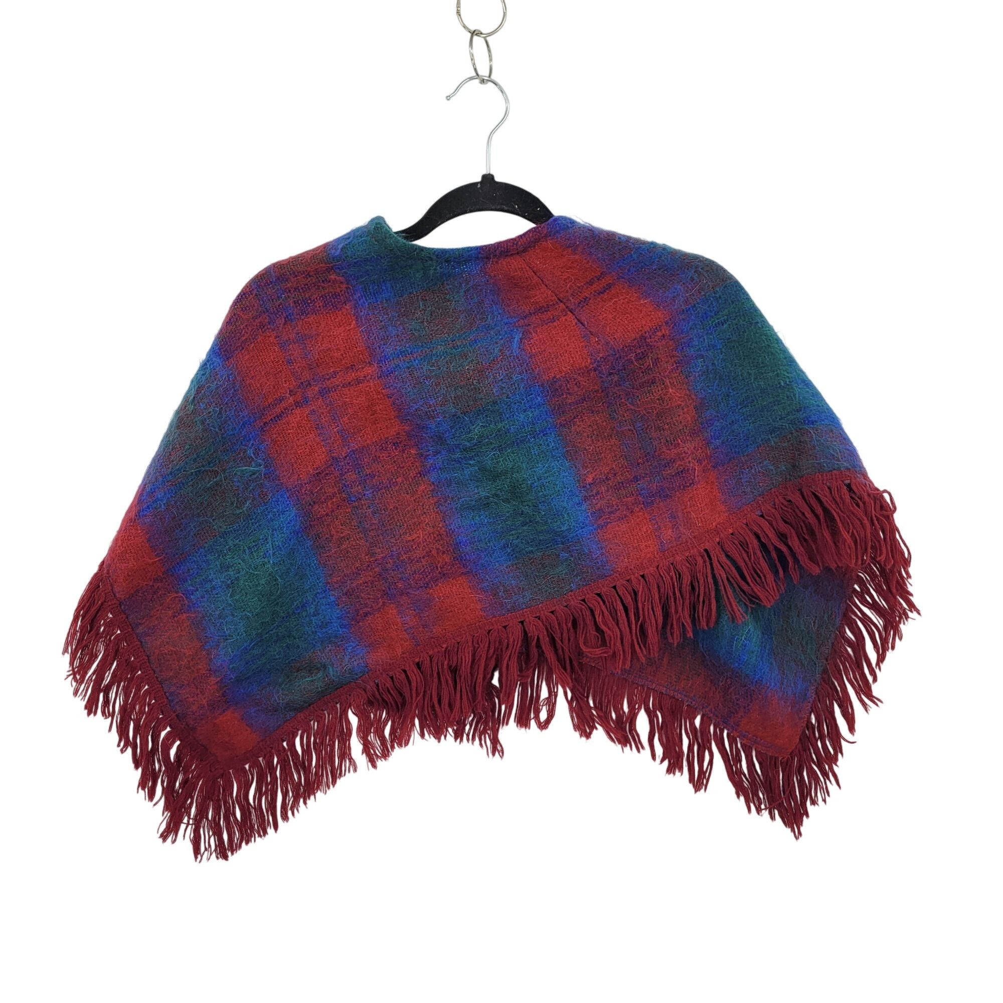 Vintage Vtg Scottish Cropped Poncho Mohair Wool Red Blue Plaid Fring Size ONE SIZE - 2 Thumbnail
