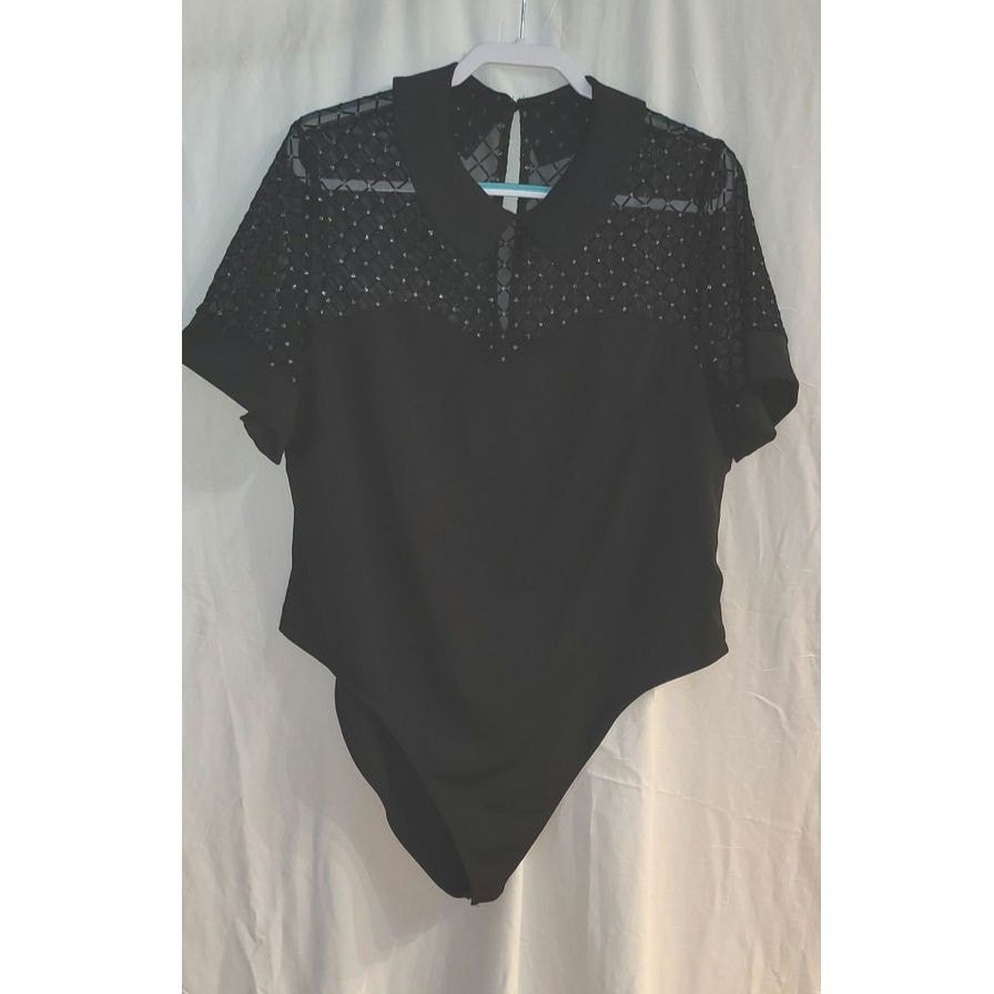 Shein SHEIN Grid Rhinestone Sheer Mesh Collar Bodysuit Black 2XL Size XXL / US 16-18 / IT 52-54 - 1 Thumbnail
