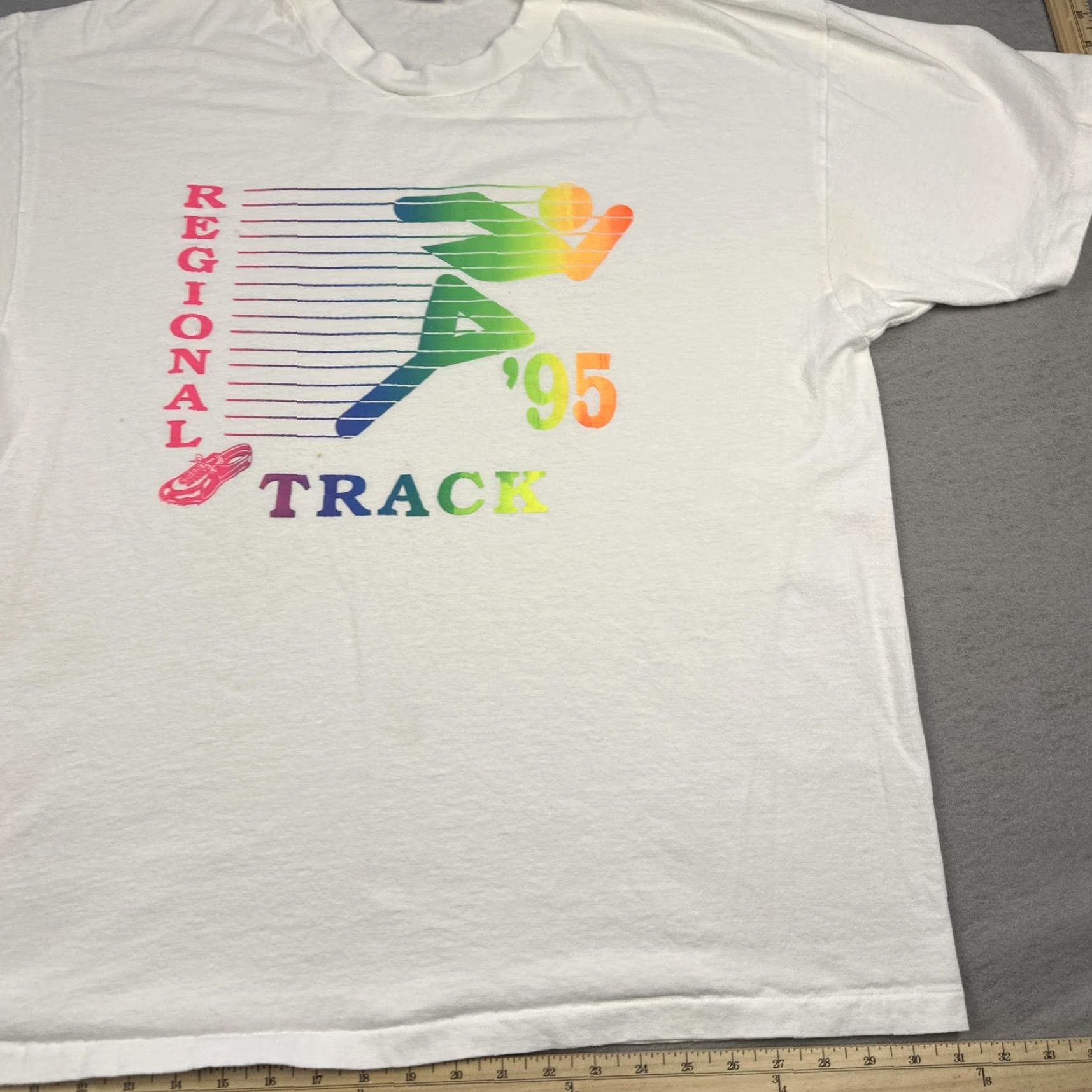 Hanes VINTAGE Regional Track Shirt Mens XL White 1995 Neon Rainbow Graphic Runner 90s Size US XL / EU 56 / 4 - 5 Thumbnail