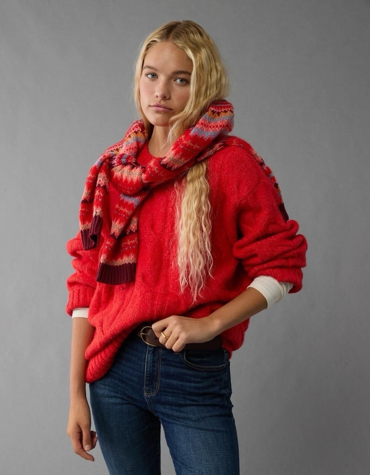 American Eagle Outfitters American Eagle Whoa So Soft Cable Knit Sweater Red Crewneck Size L / US 10 / IT 46 - 3 Thumbnail
